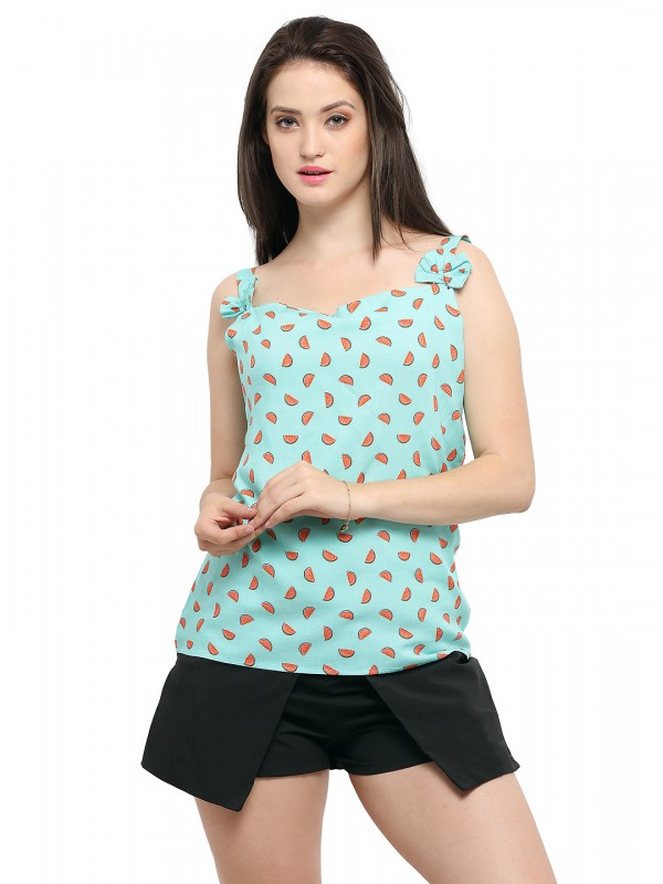 Cyan Melon Print Strappy Bow Casual Top