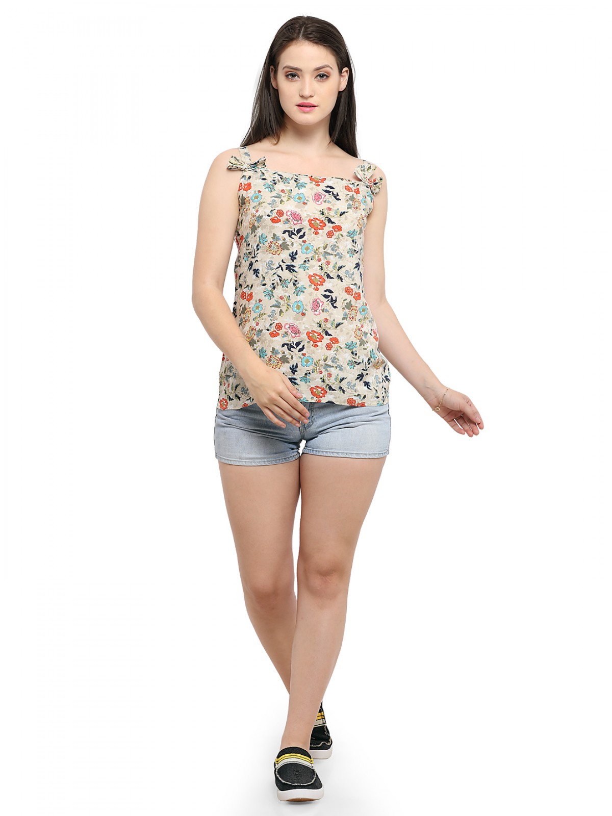 Beige Floral Print Strappy Bow Casual Top