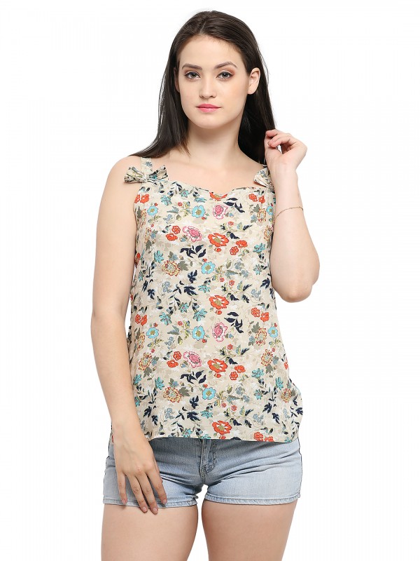 Beige Floral Print Strappy Bow Casual Top