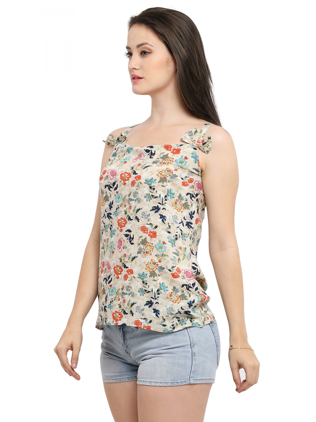Beige Floral Print Strappy Bow Casual Top