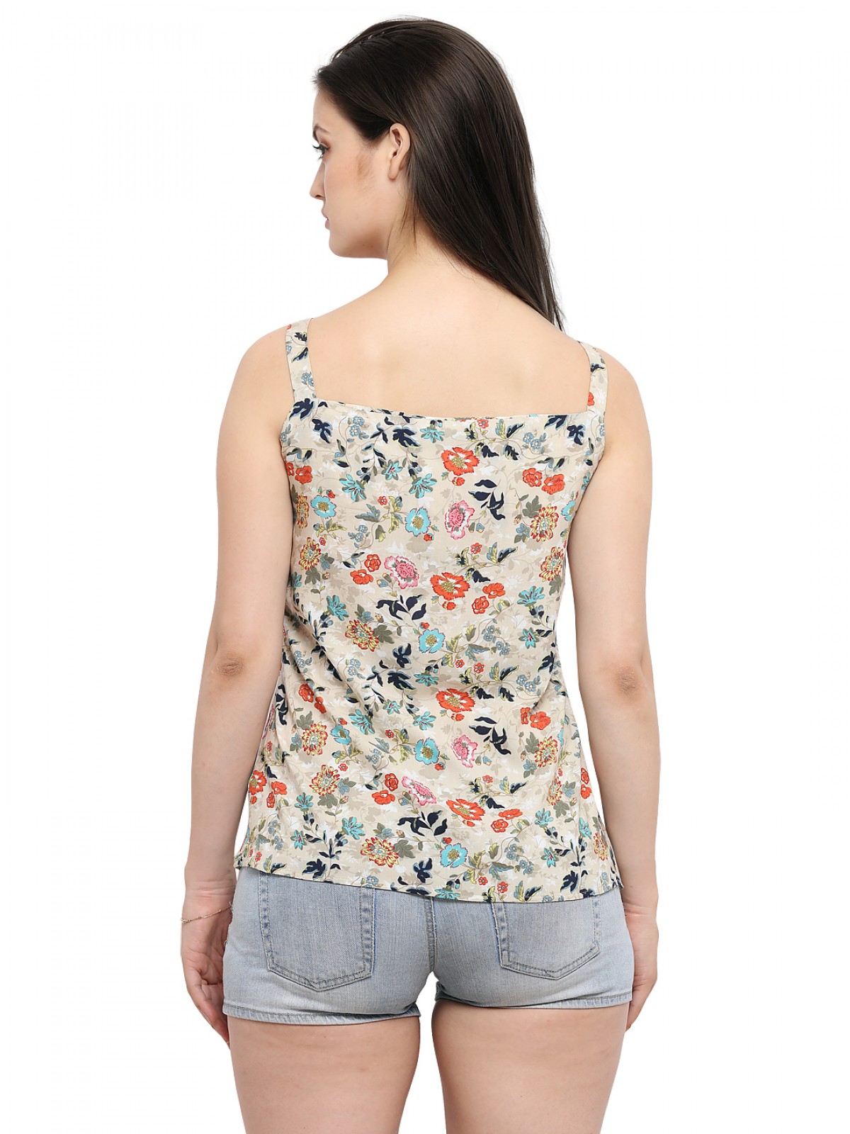 Beige Floral Print Strappy Bow Casual Top