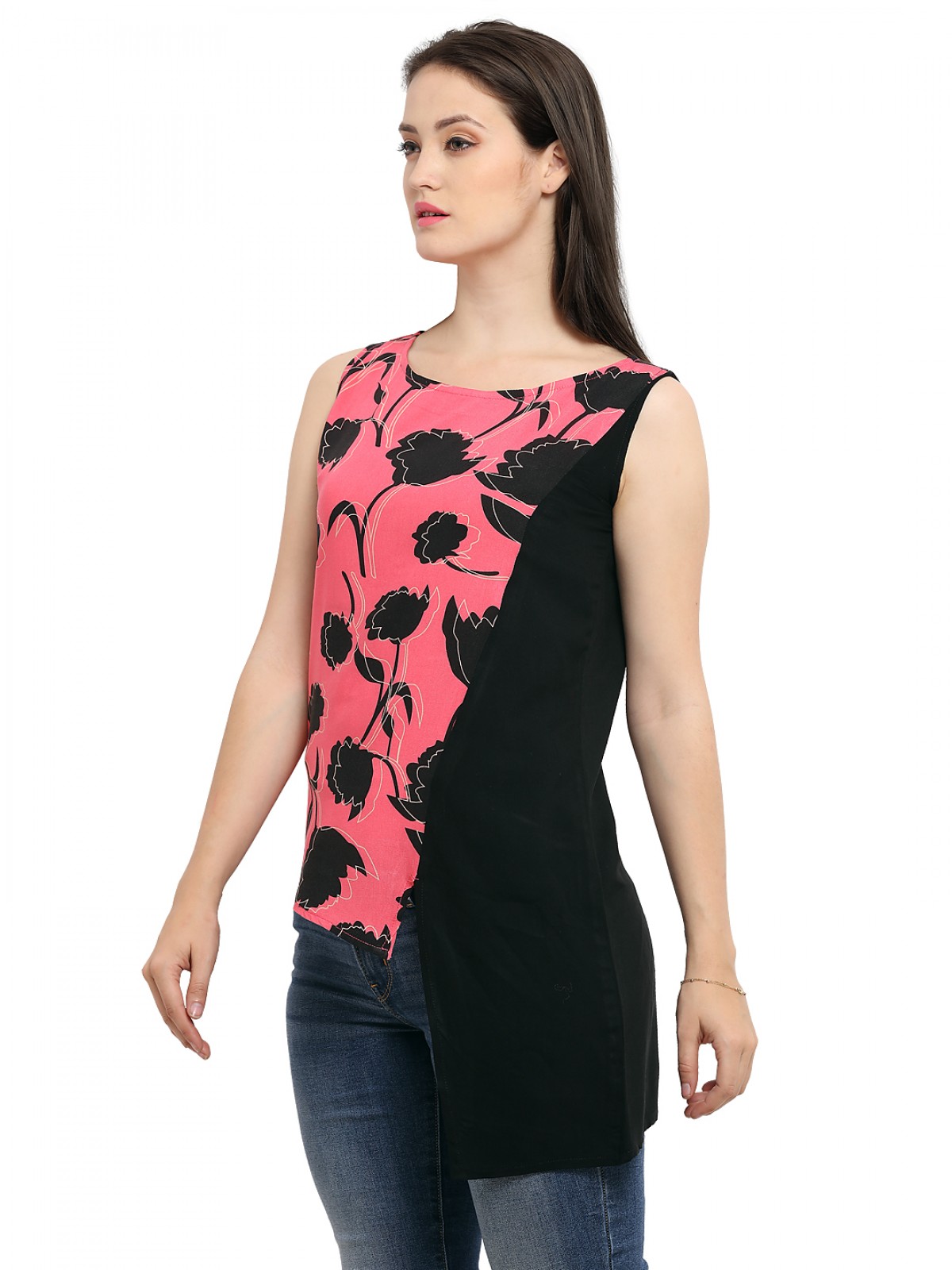 Pink Black Floral Print Side UpDown Casual Sleeveless Top