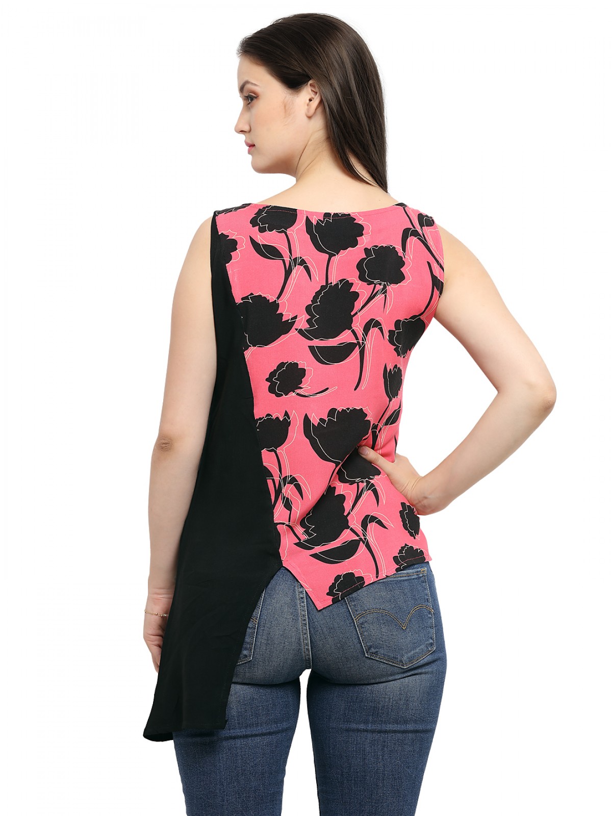 Pink Black Floral Print Side UpDown Casual Sleeveless Top
