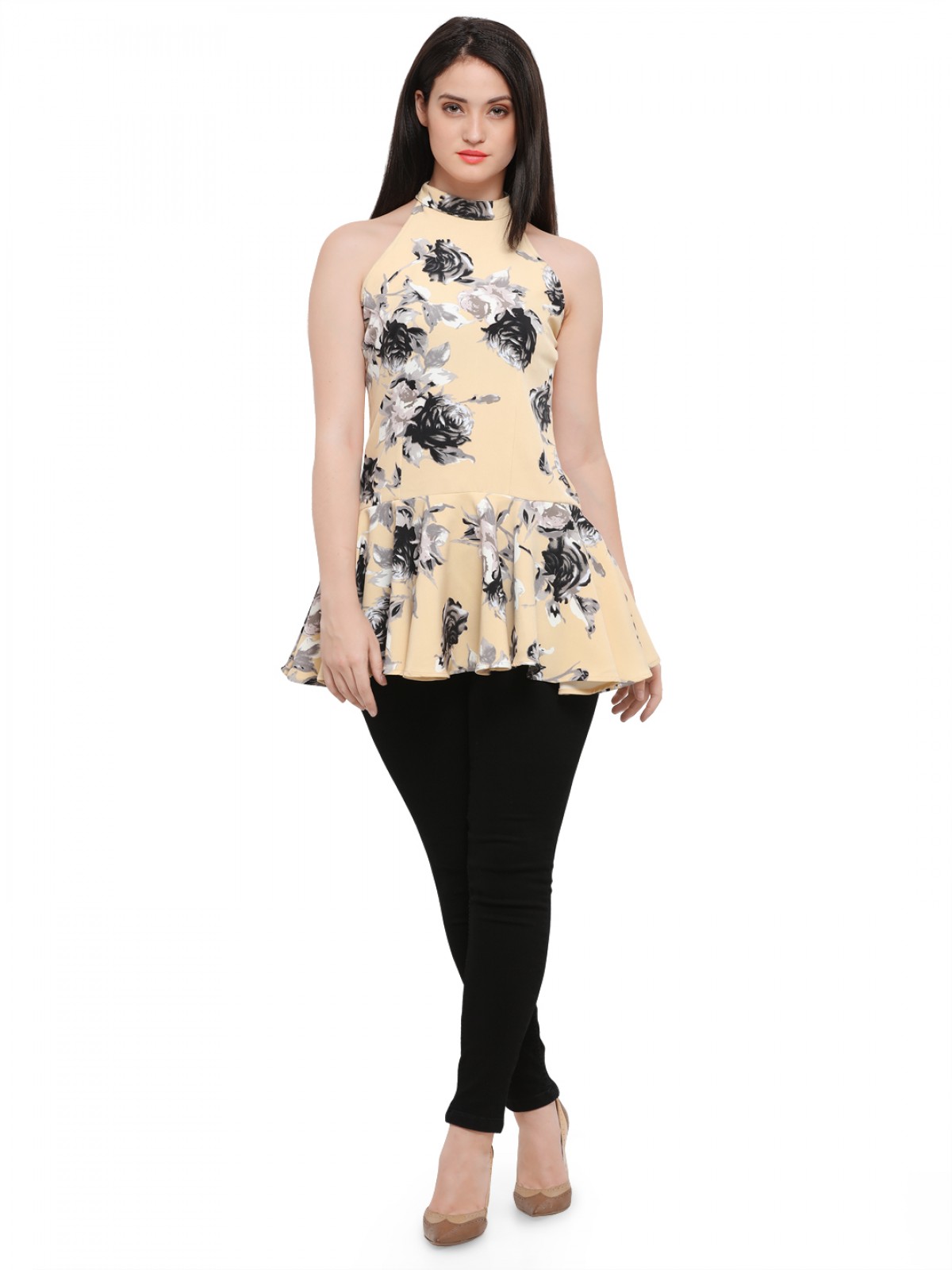 Cream High Neck Sleeveless Peplum Polyester Top