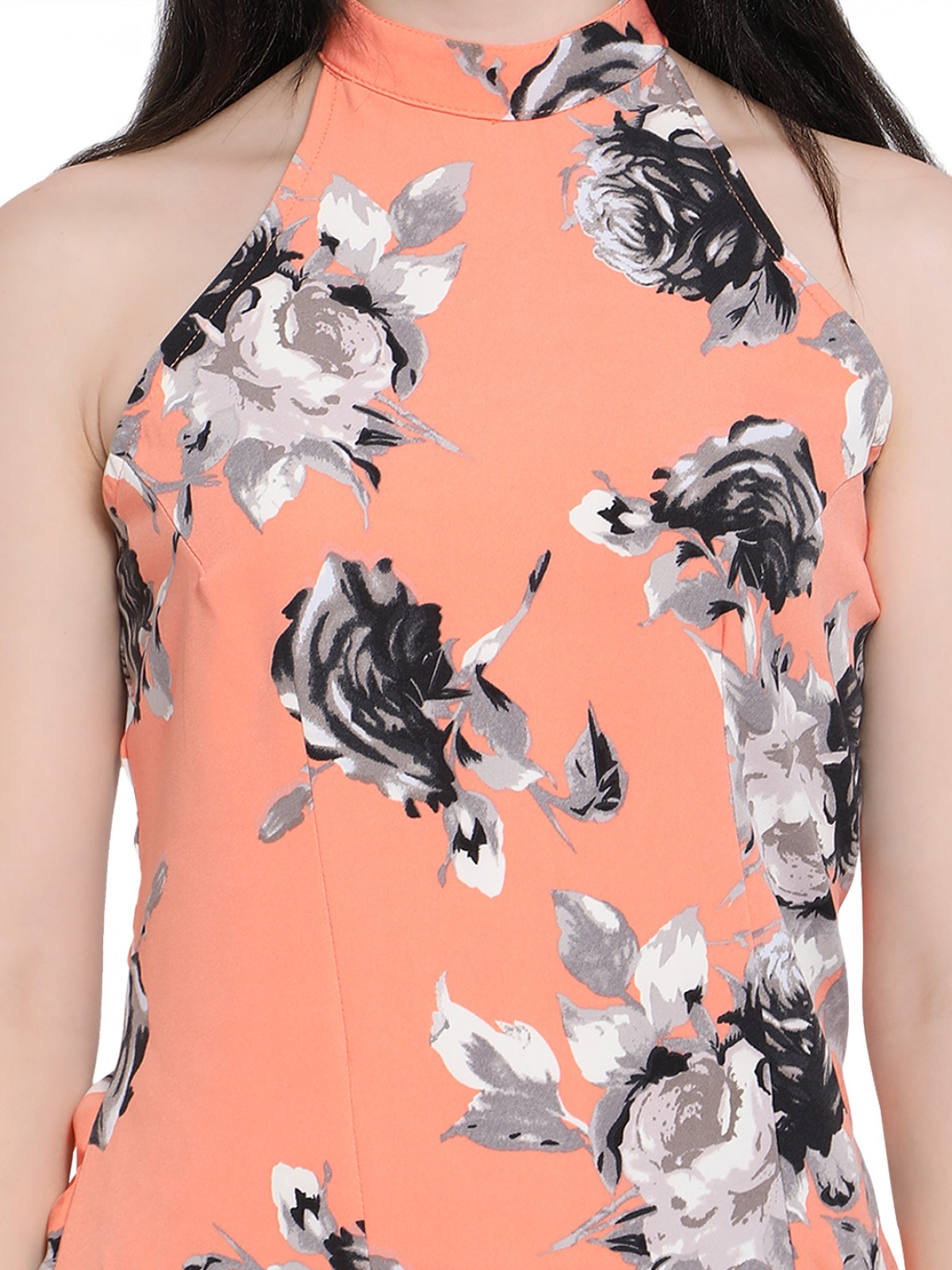 Peach High Neck Sleeveless Peplum Polyester Top