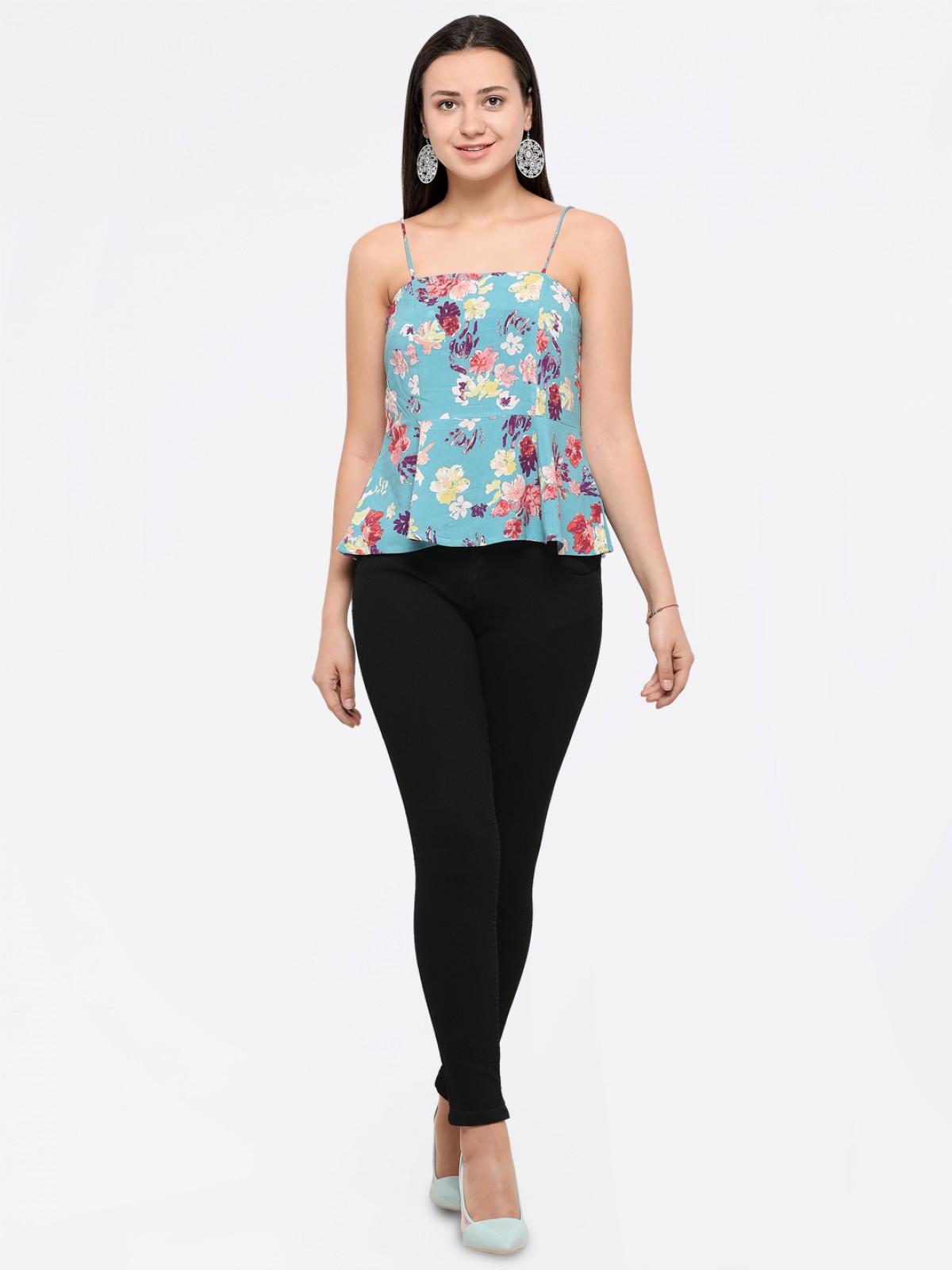 Cyan Flower Print Fit & Flair Spaghetti Crop Top