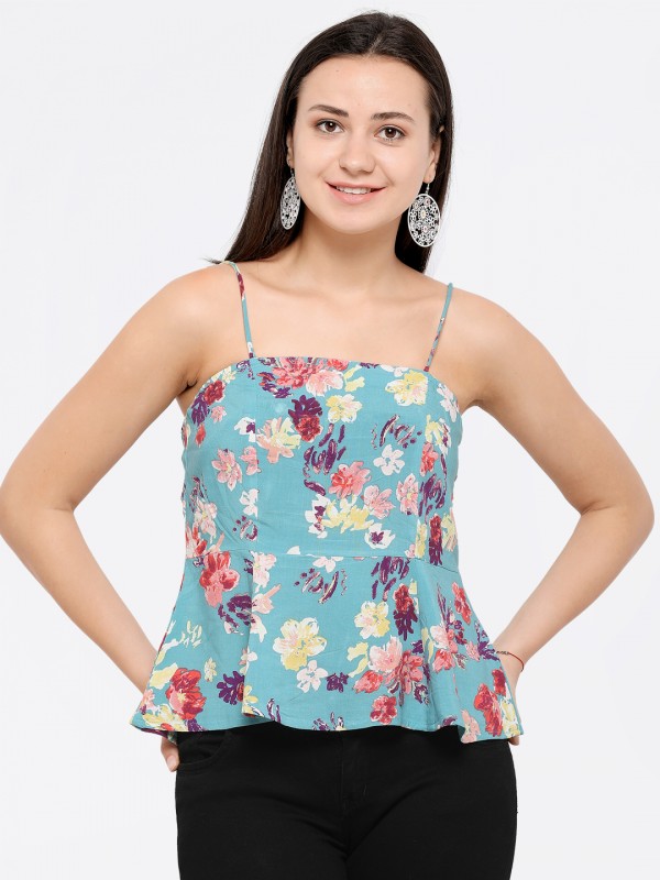 Cyan Flower Print Fit & Flair Spaghetti Crop Top