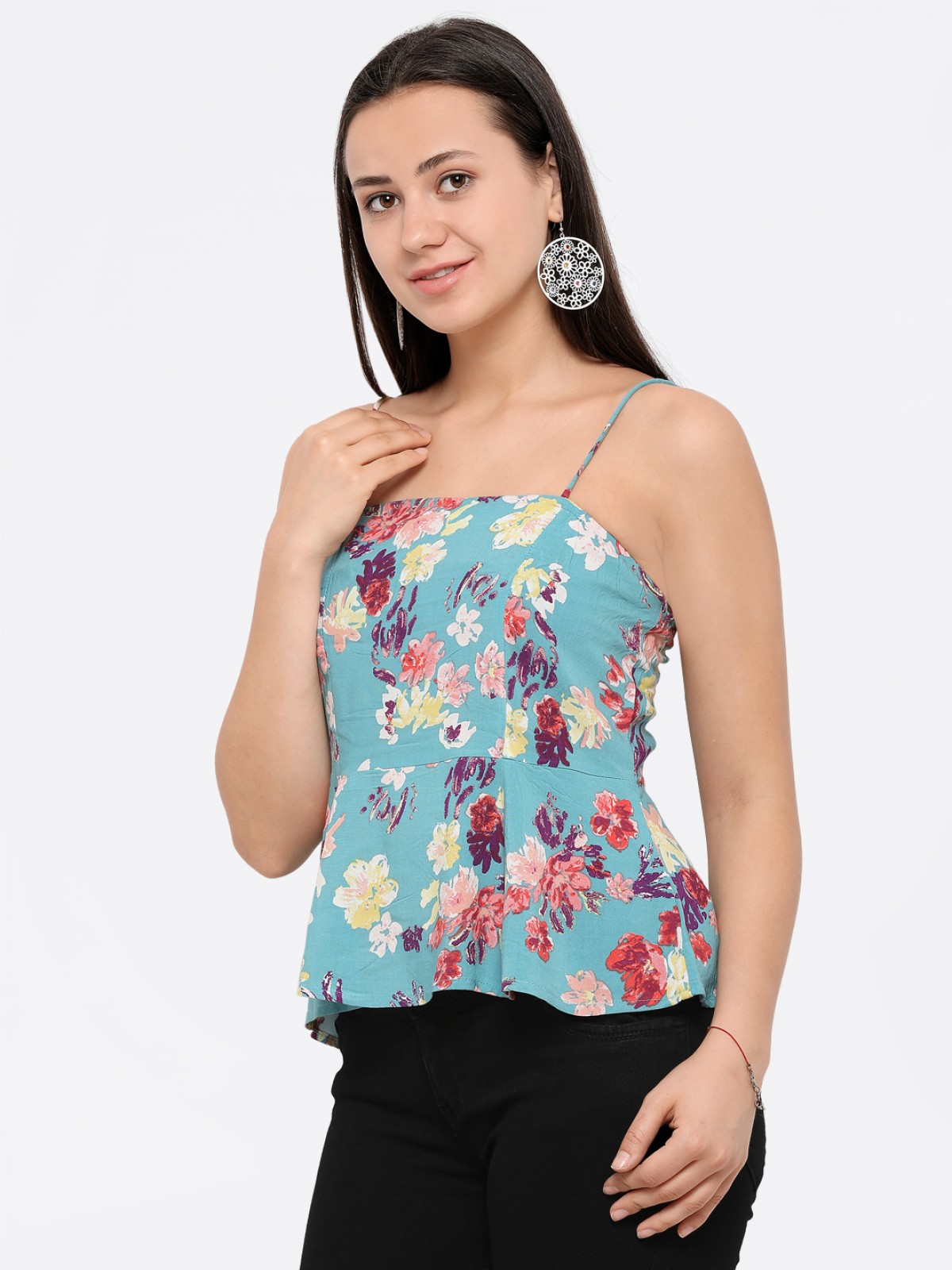 Cyan Flower Print Fit & Flair Spaghetti Crop Top