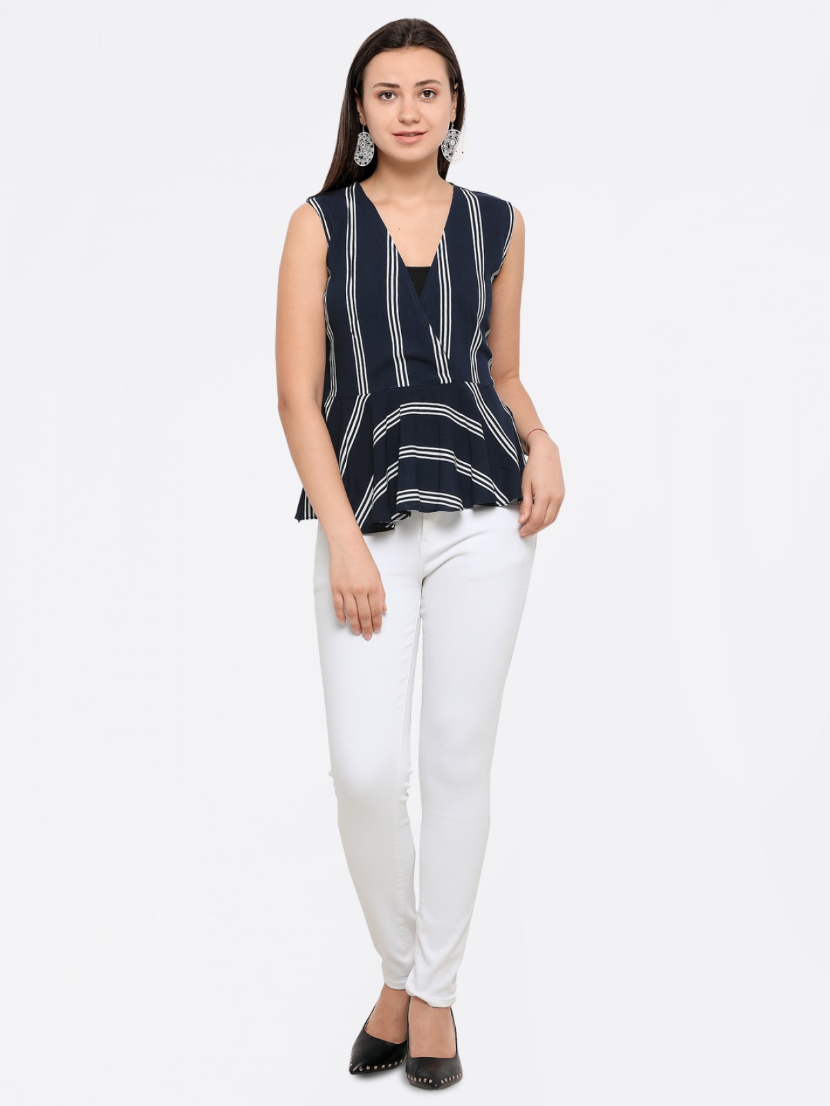 Blue White Lined Casual Office Wear Peplum Top
