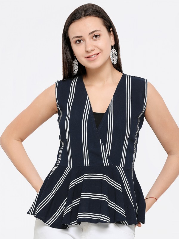 Blue White Lined Casual Office Wear Peplum Top