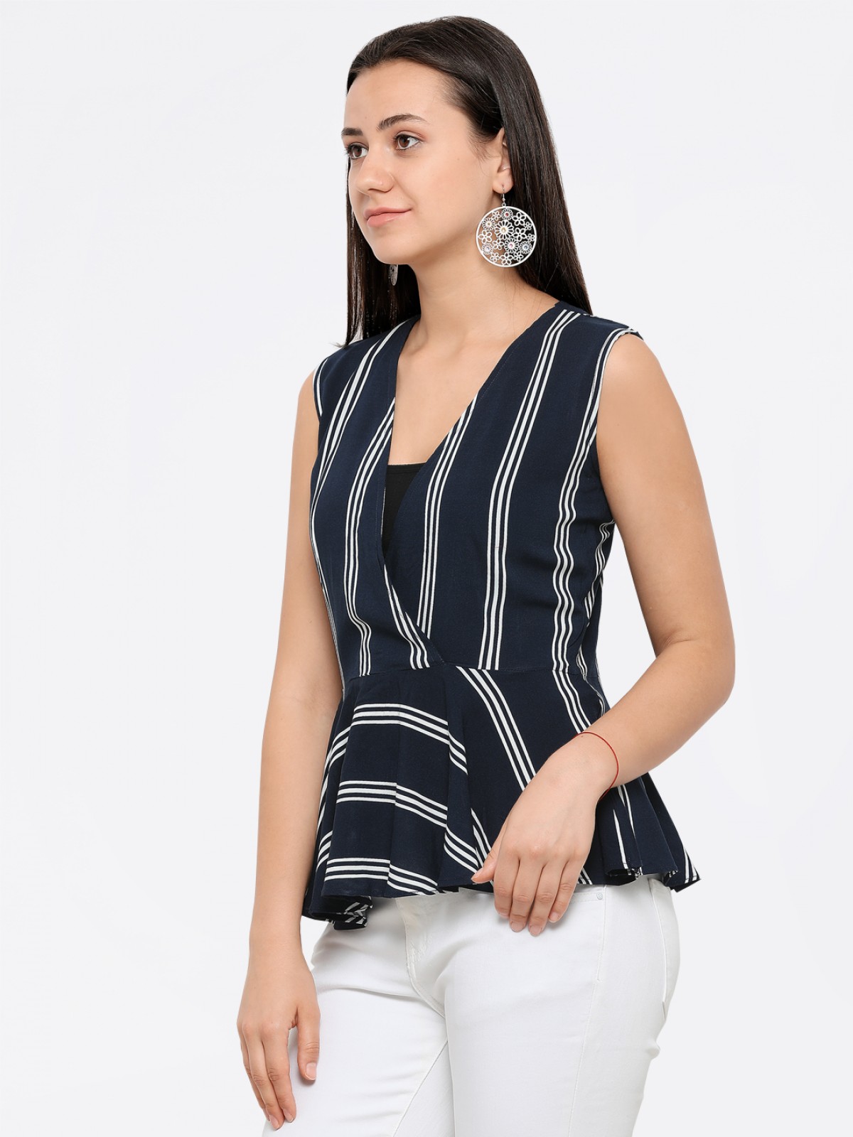 Blue White Lined Casual Office Wear Peplum Top