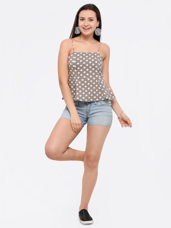 Light Brown And White Polkadots Fit & Flair Spaghetti Crop Top