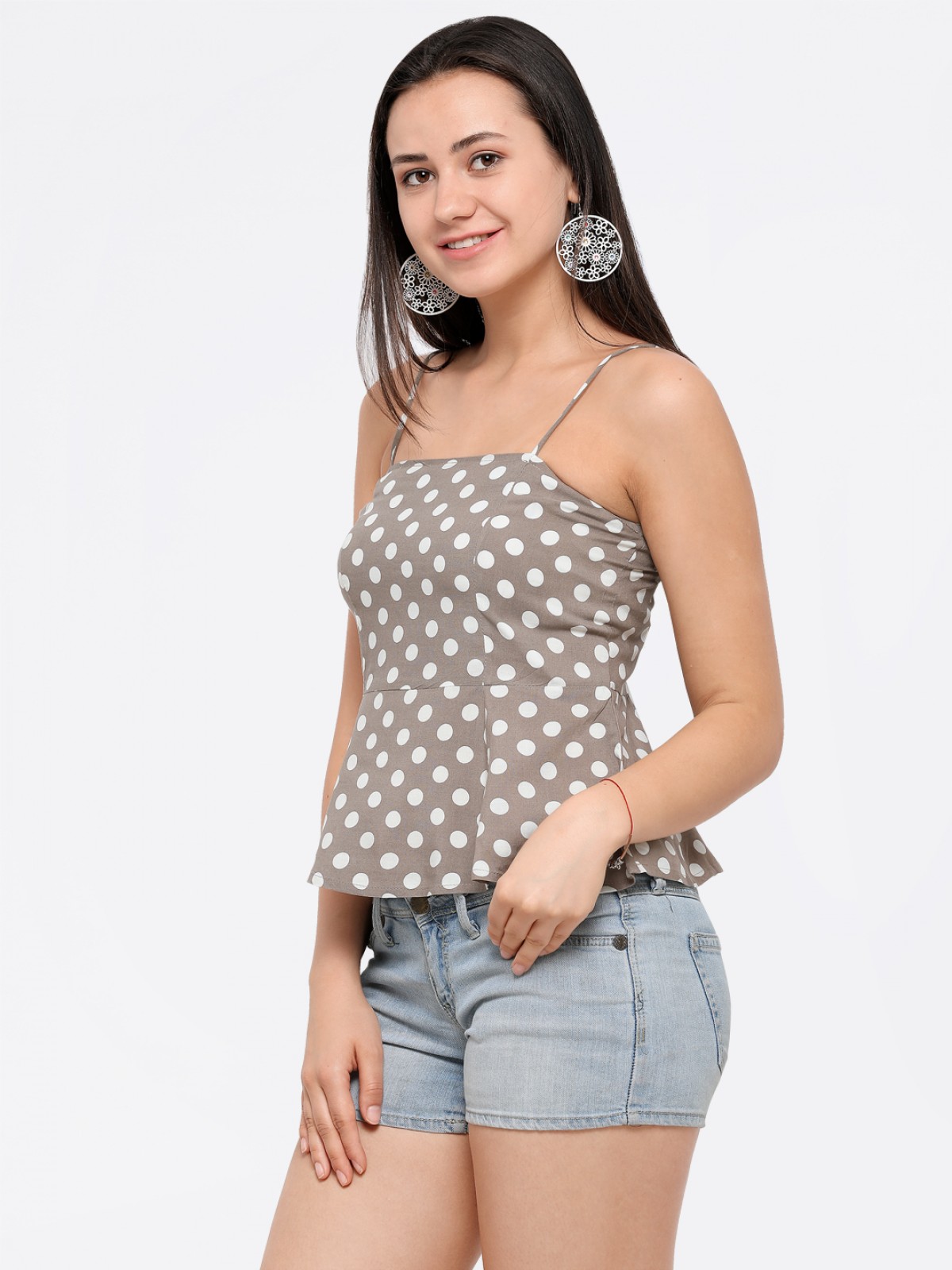 Light Brown And White Polkadots Fit & Flair Spaghetti Crop Top