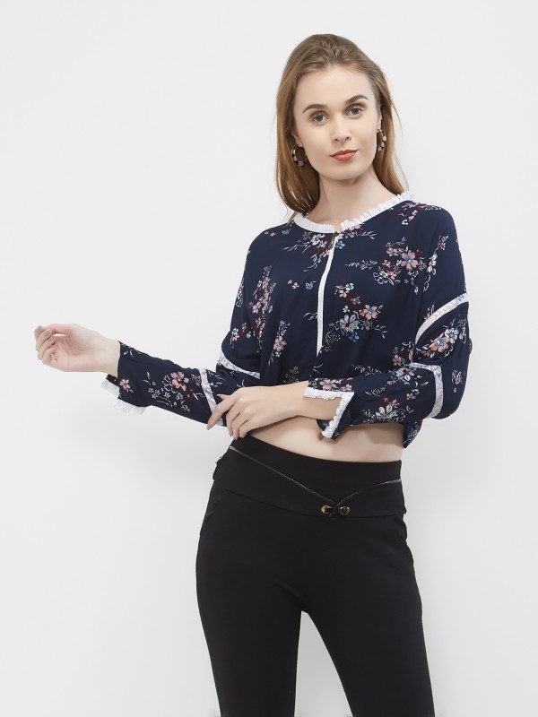 Casual Blue Floral Printed Dolman Sleeve Jacket Top