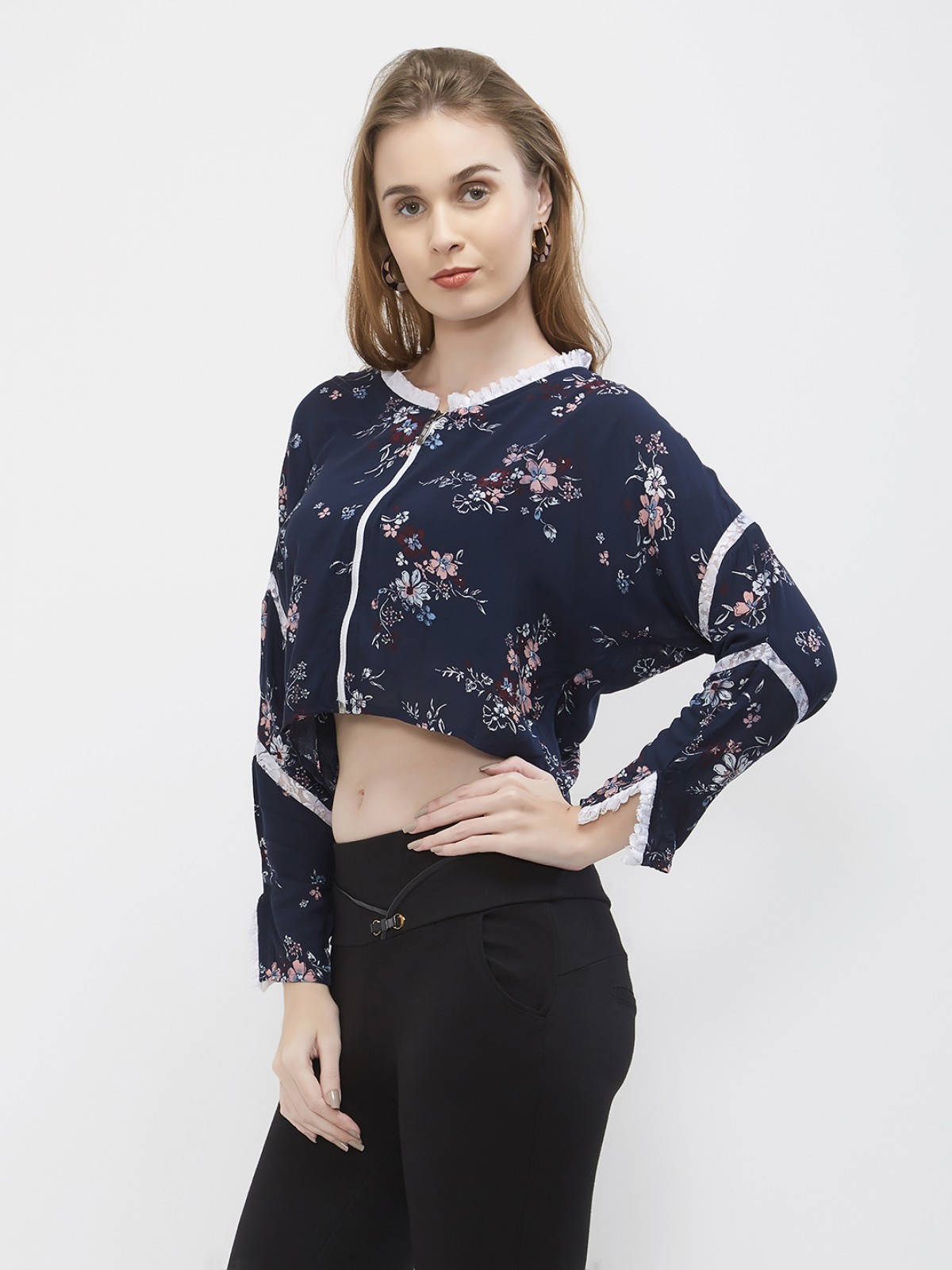 Casual Blue Floral Printed Dolman Sleeve Jacket Top