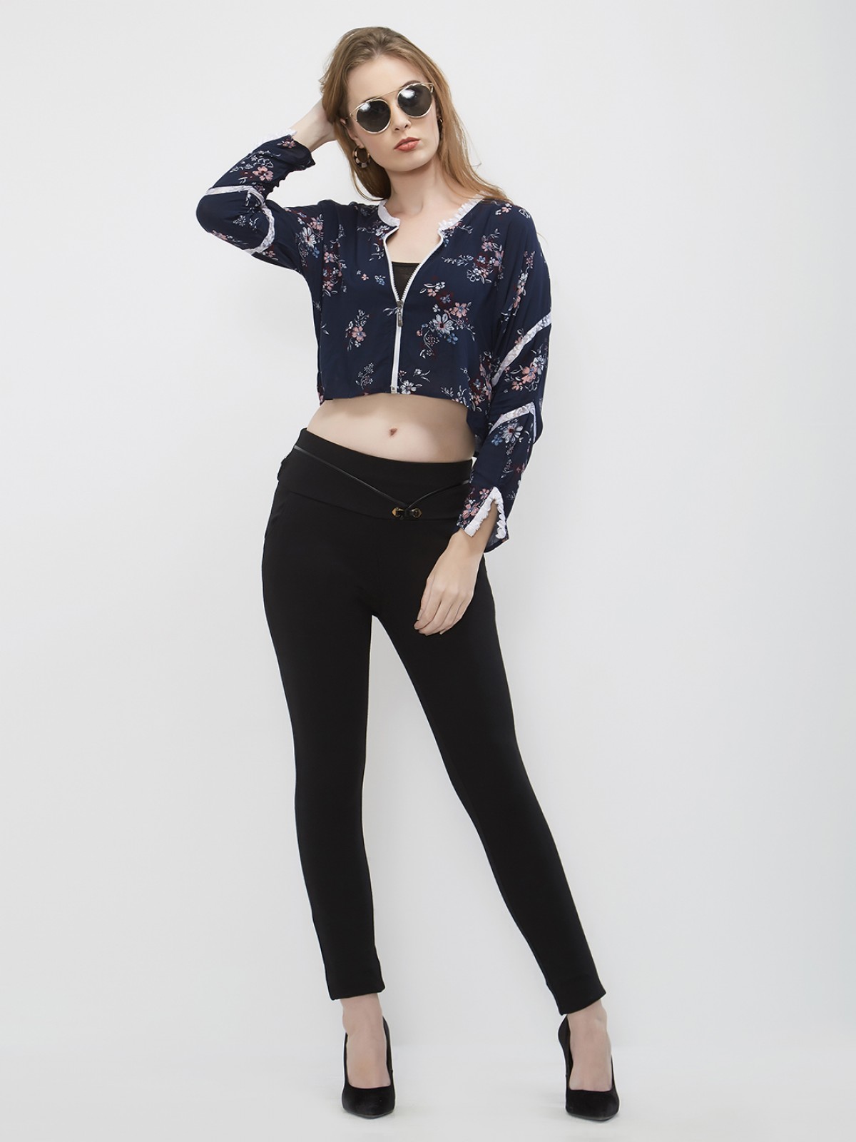 Casual Blue Floral Printed Dolman Sleeve Jacket Top