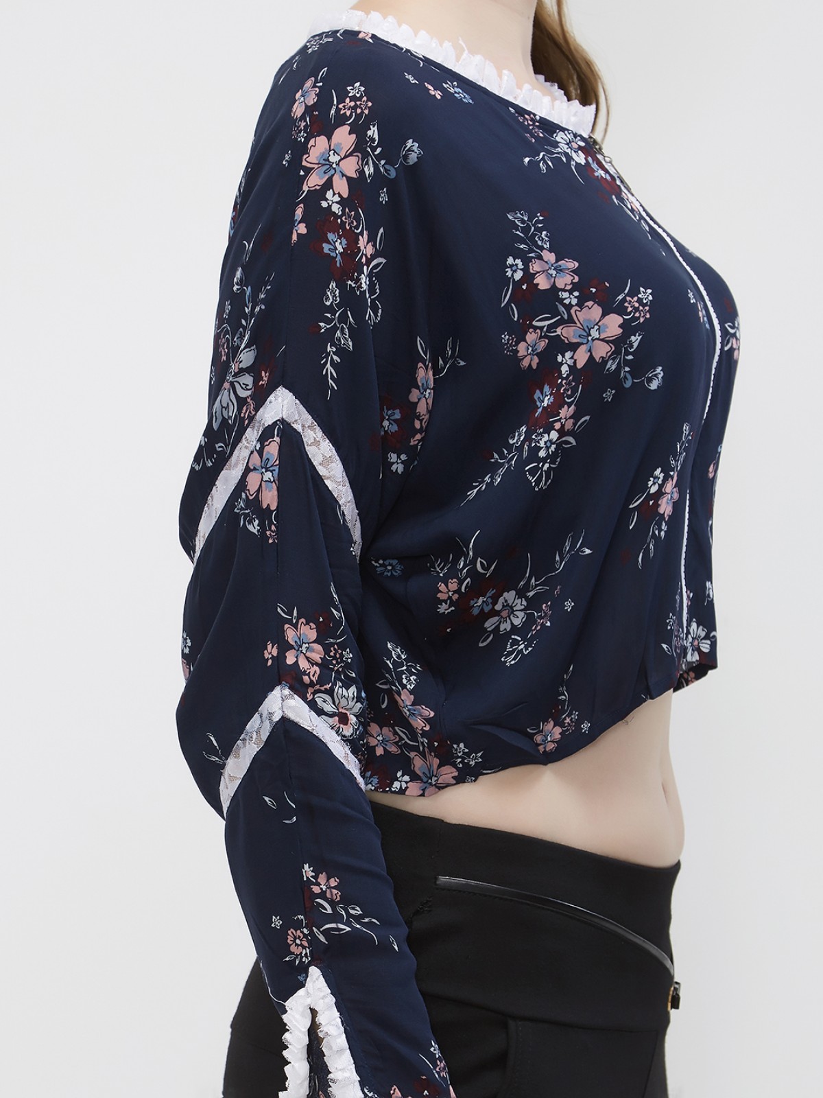 Casual Blue Floral Printed Dolman Sleeve Jacket Top