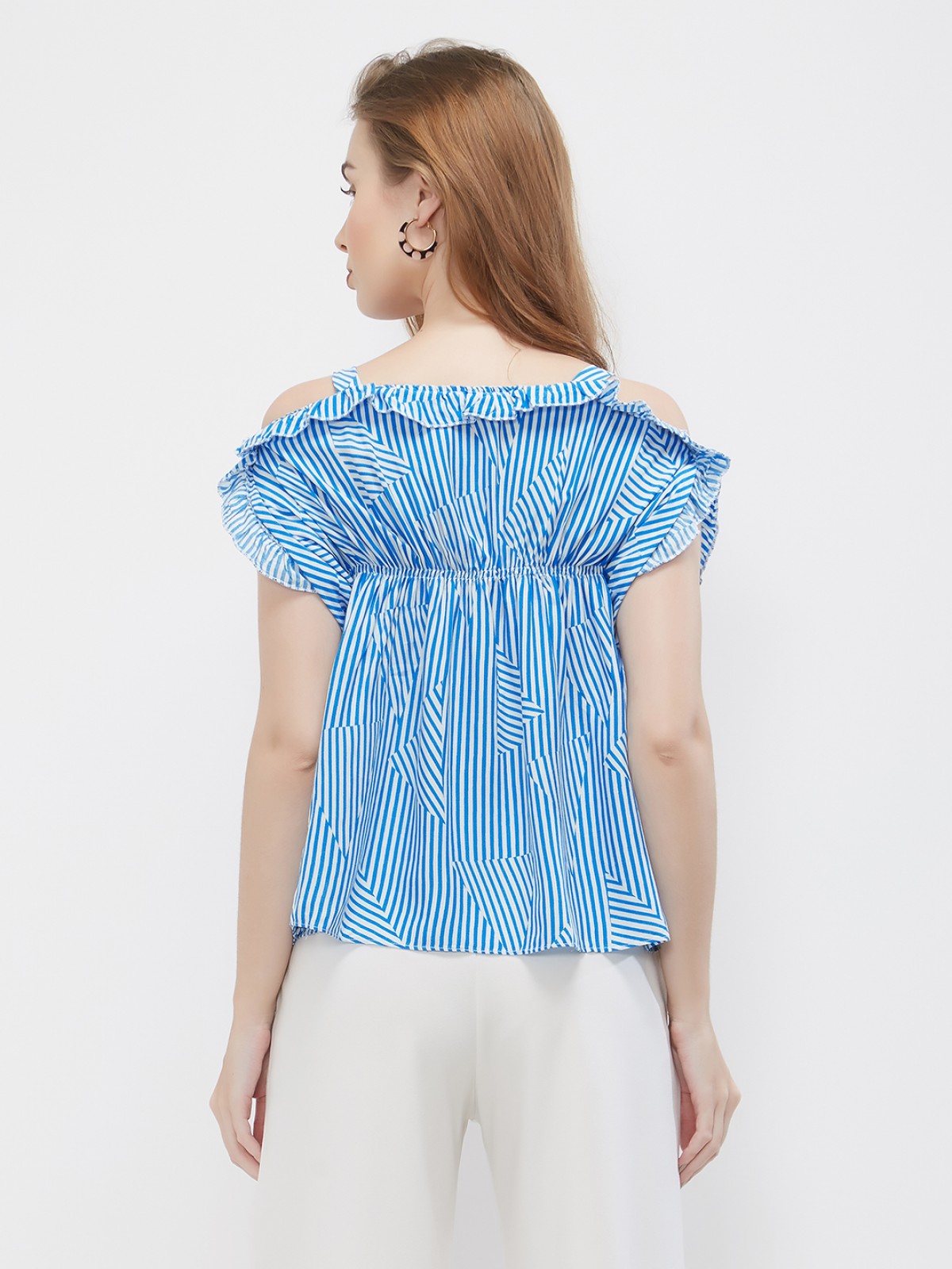 Trendsetter Sky Blue Strappy Stripped Off Shoulder Top