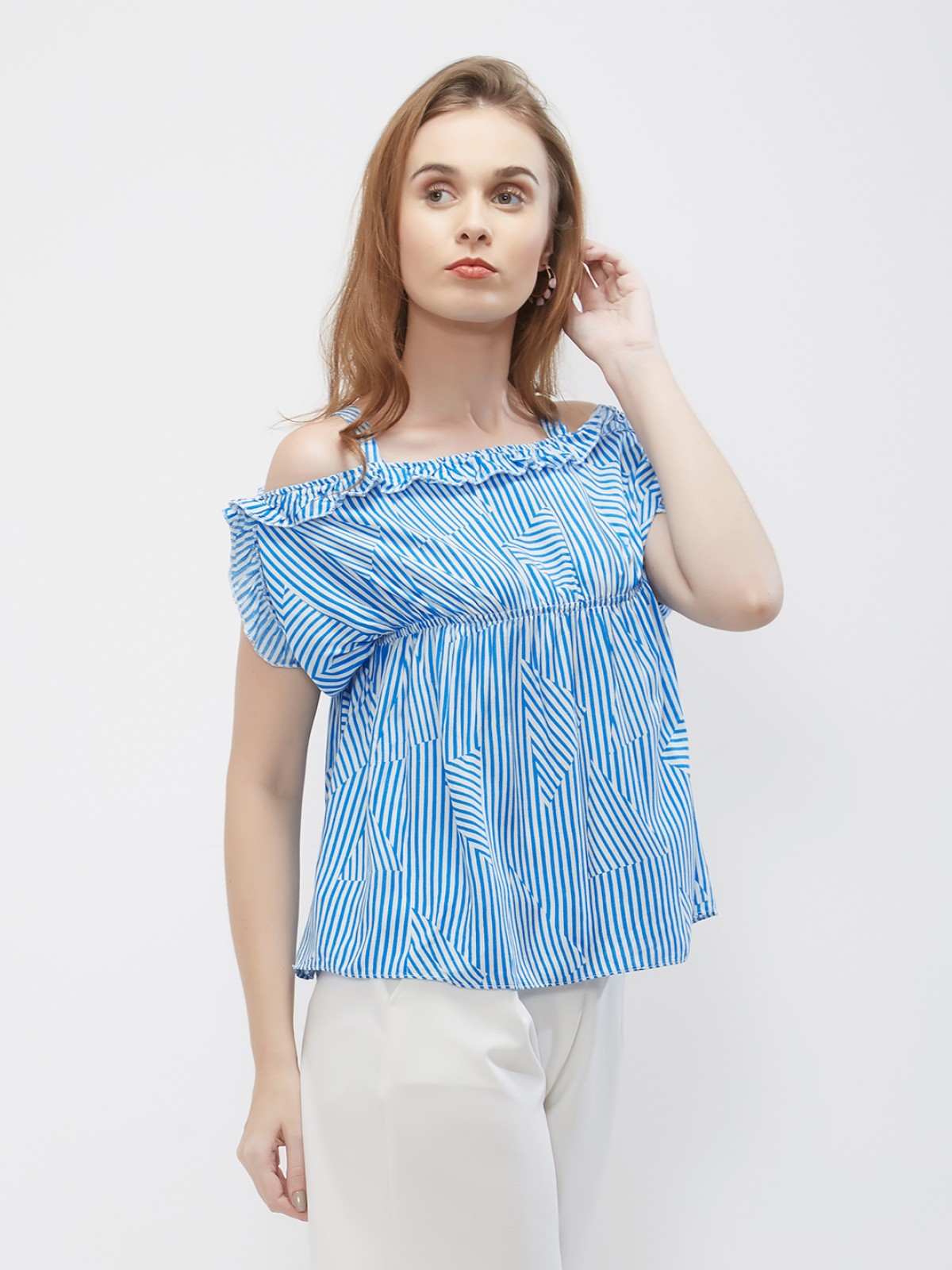 Trendsetter Sky Blue Strappy Stripped Off Shoulder Top