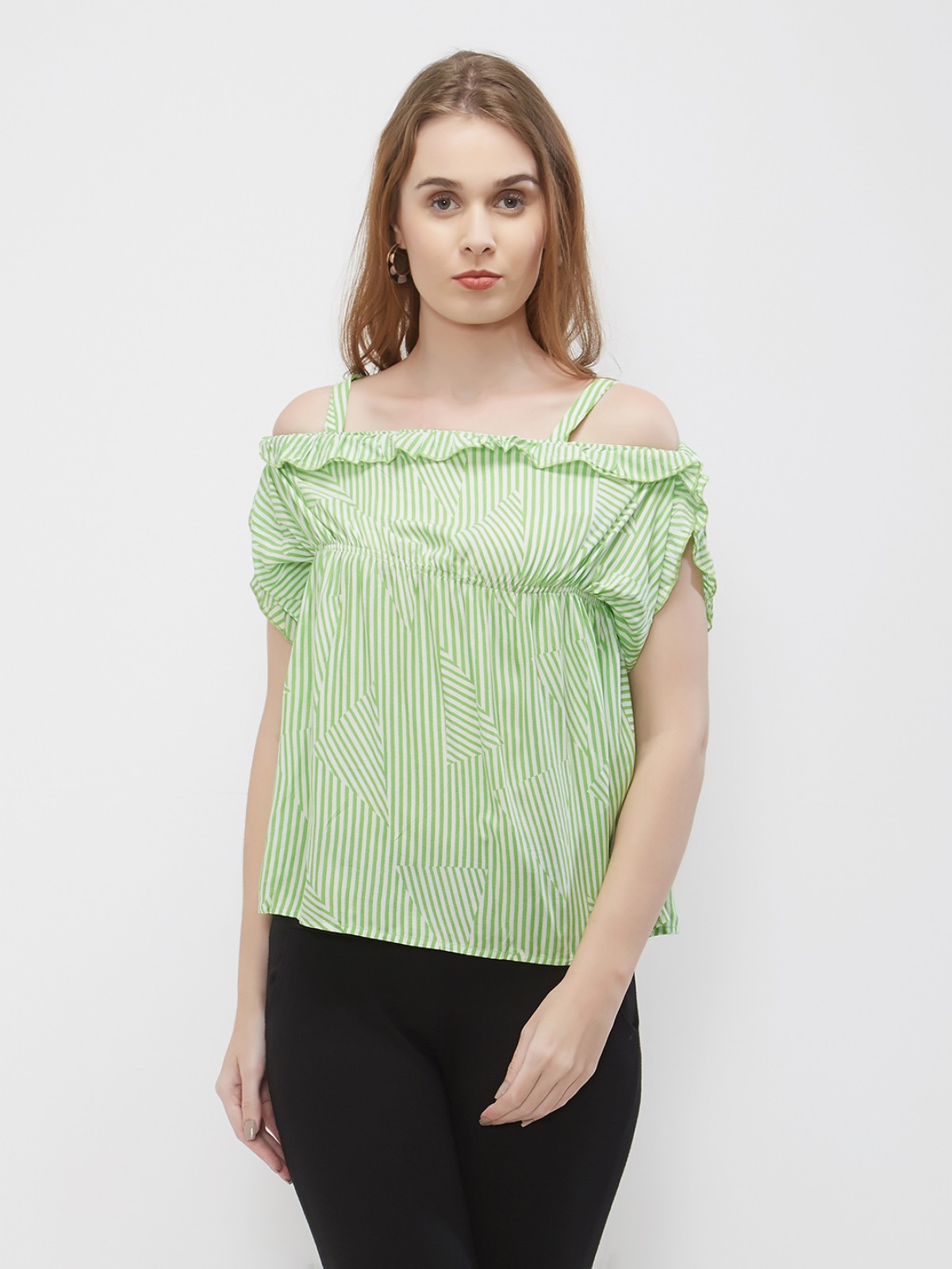 Elegore White Light Green Strappy Stripped Off Shoulder Top