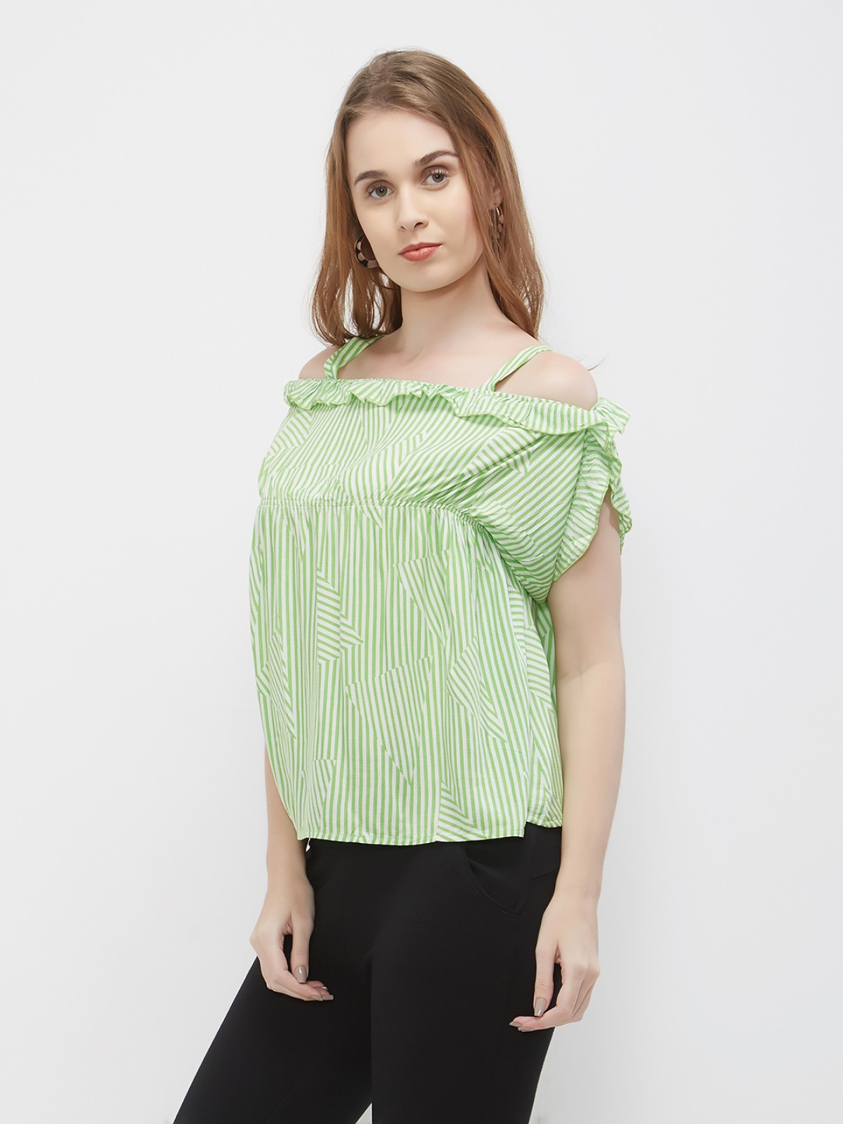 Elegore White Light Green Strappy Stripped Off Shoulder Top