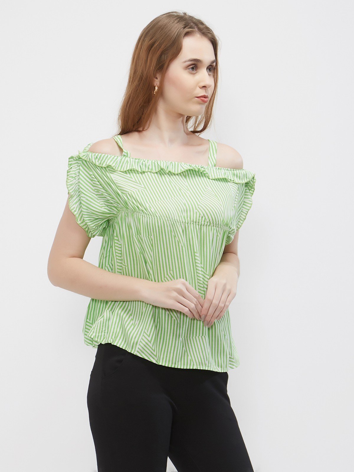 Elegore White Light Green Strappy Stripped Off Shoulder Top
