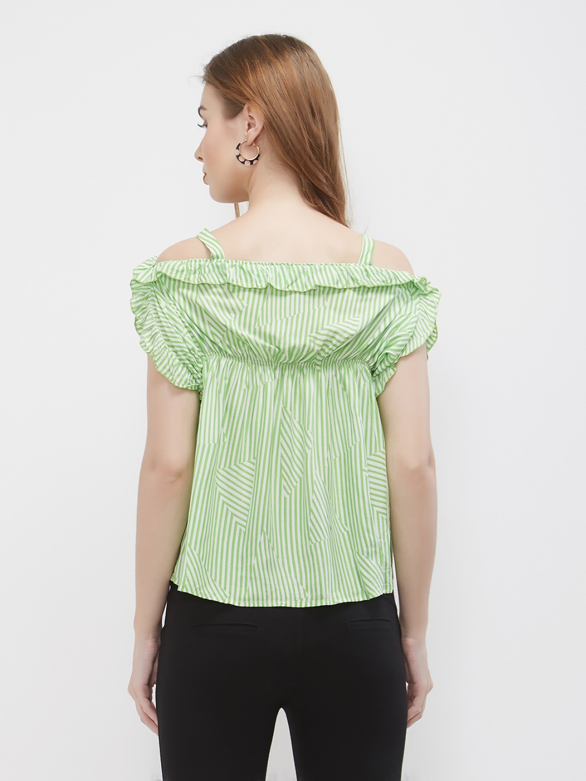 Elegore White Light Green Strappy Stripped Off Shoulder Top