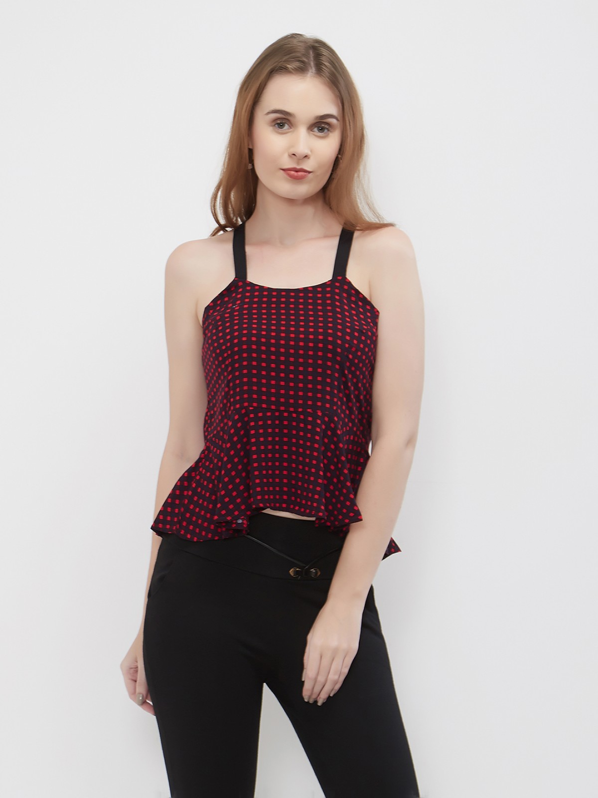 Red & Black Gingham Stripped Crop Top