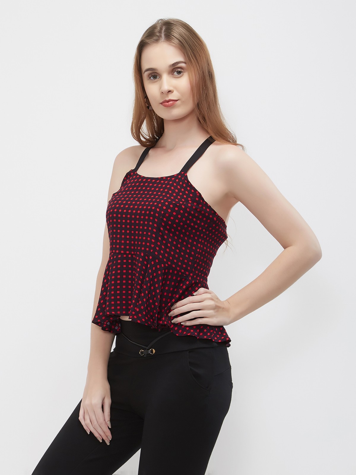 Red & Black Gingham Stripped Crop Top