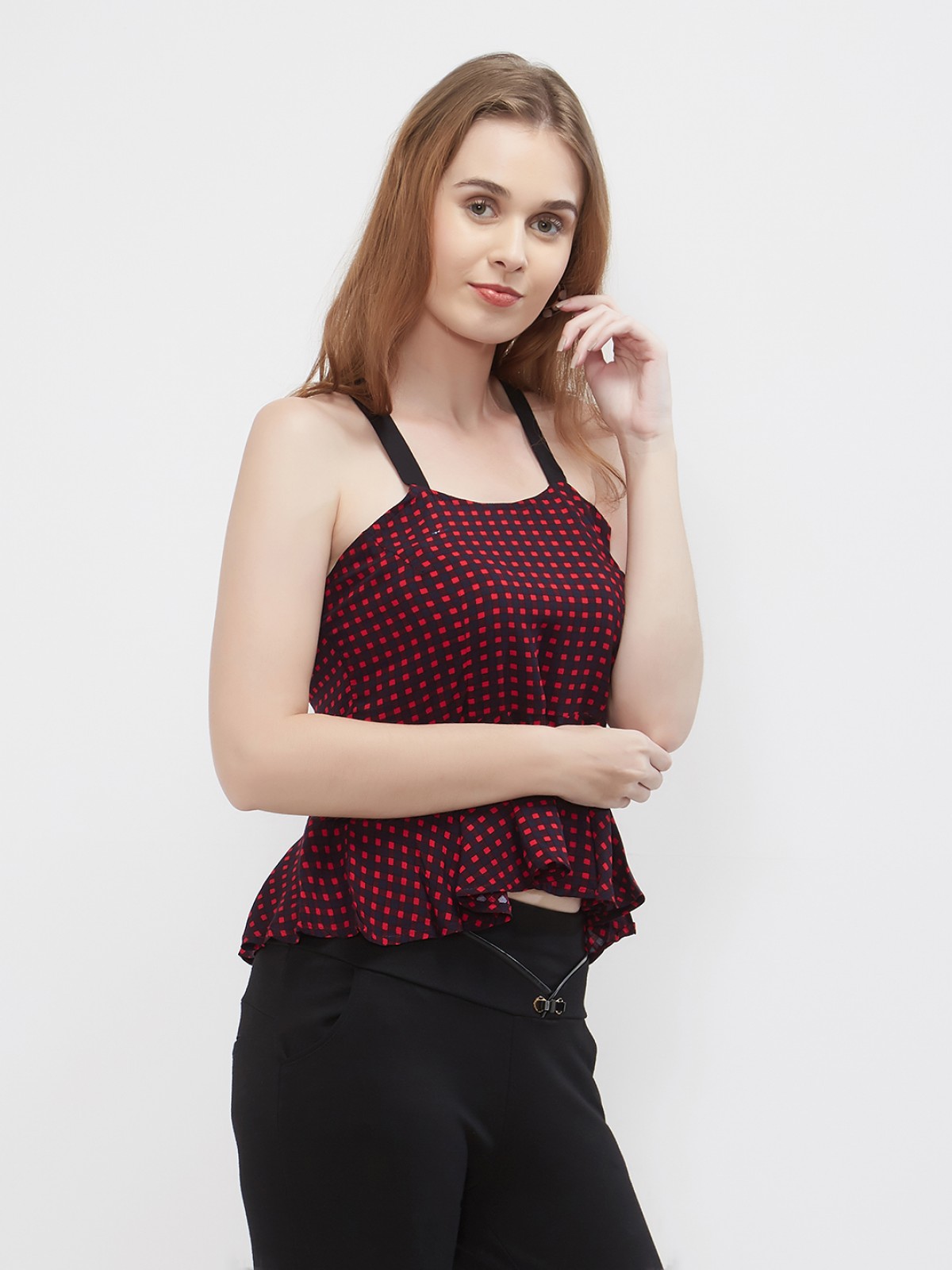 Red & Black Gingham Stripped Crop Top