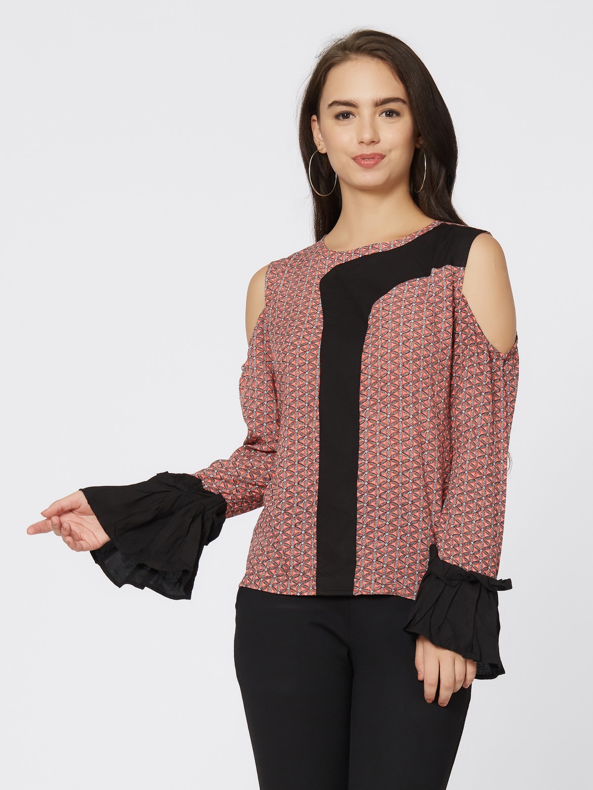 Front Flap Printed Cold Shoulder Full Sleeve Top