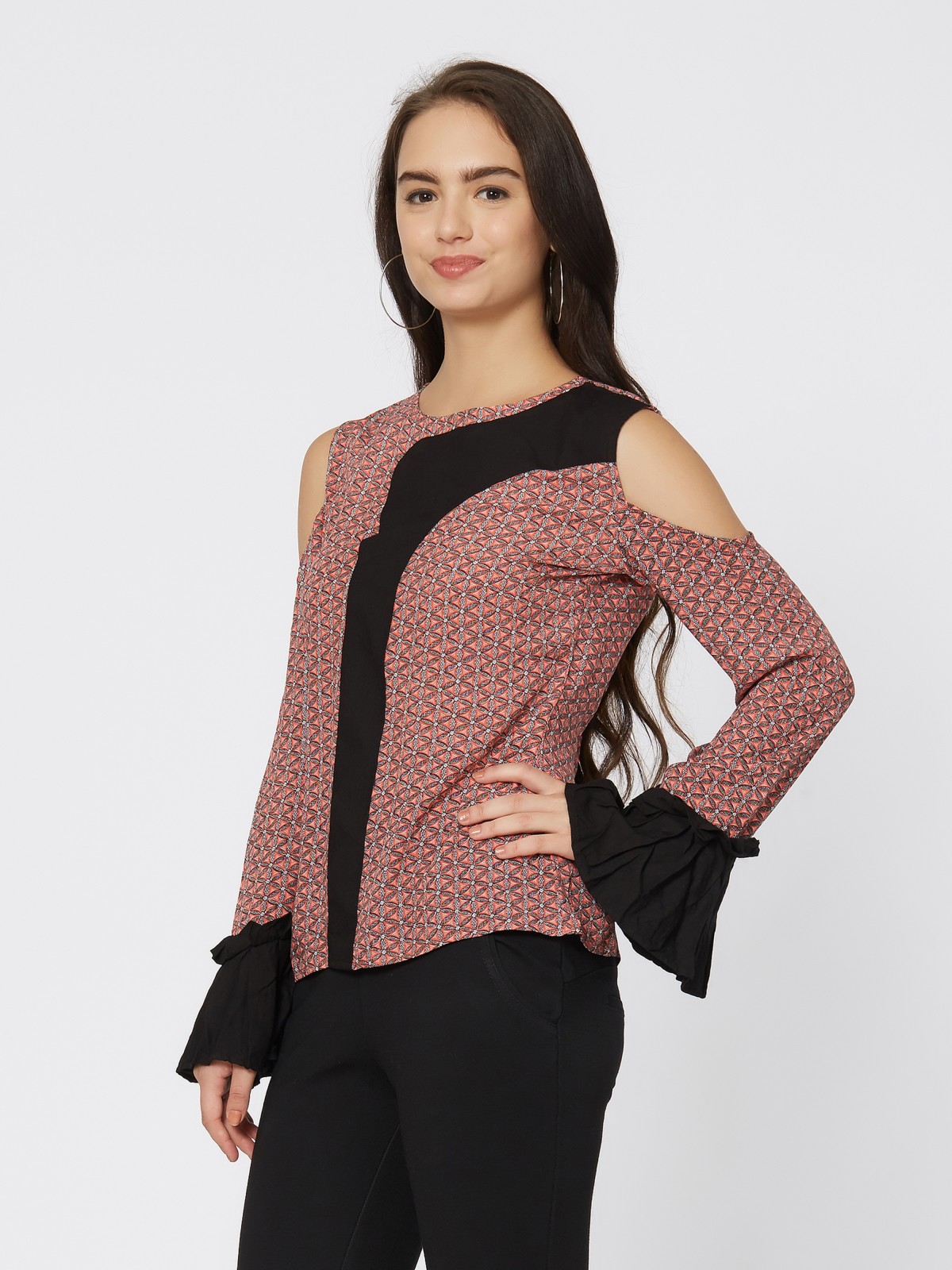 Front Flap Printed Cold Shoulder Full Sleeve Top