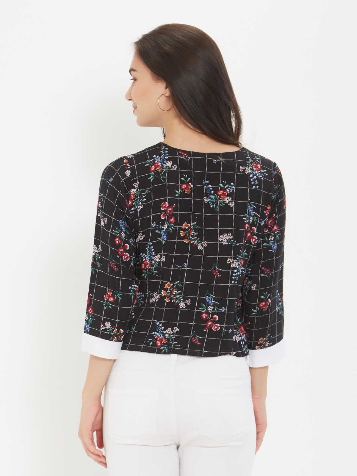 Black Gingham Floral Printed 3/4th Sleeve Top