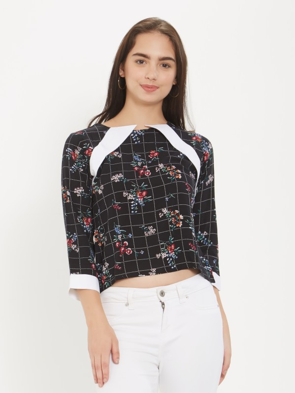 Black Gingham Floral Printed 3/4th Sleeve Top