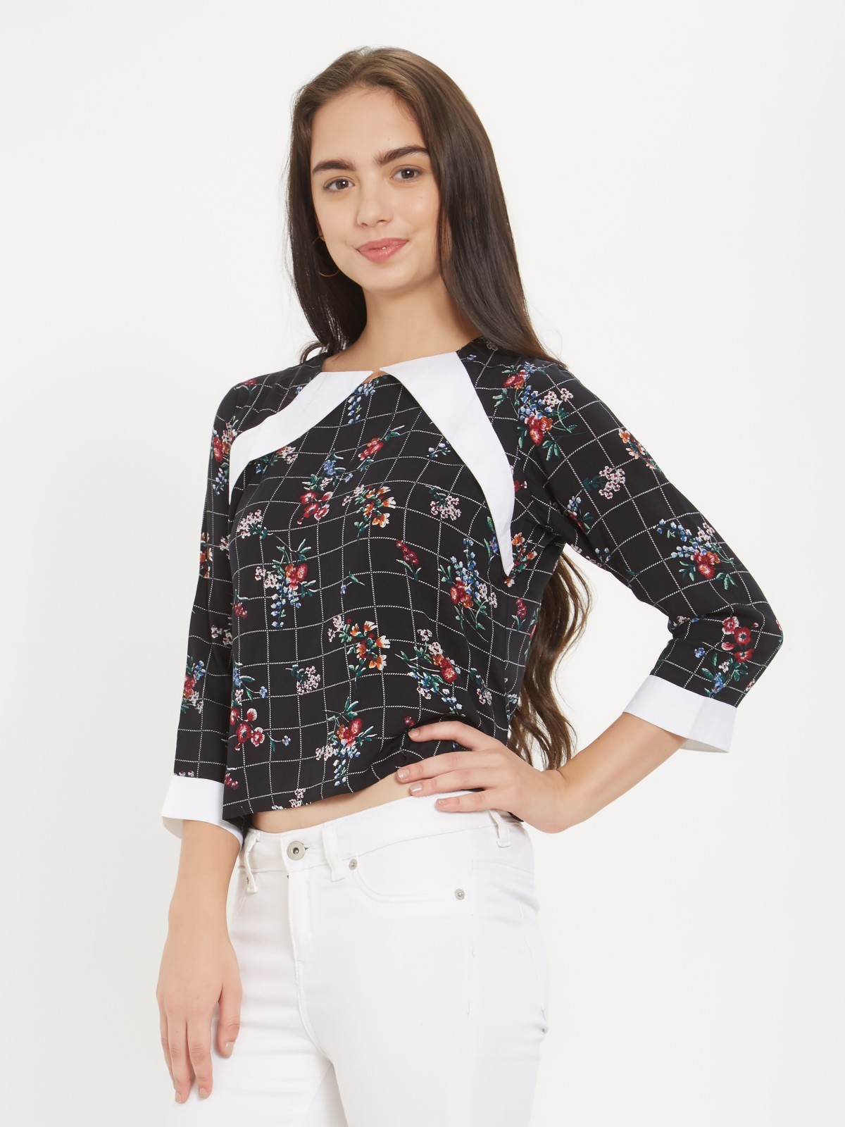 Black Gingham Floral Printed 3/4th Sleeve Top