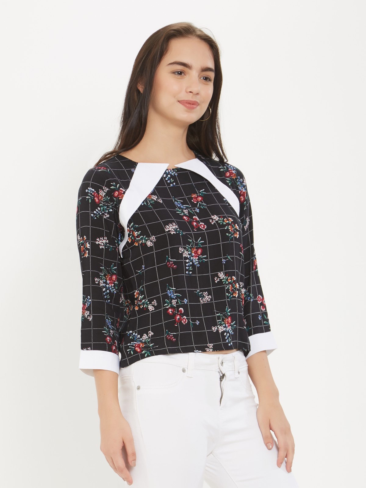 Black Gingham Floral Printed 3/4th Sleeve Top