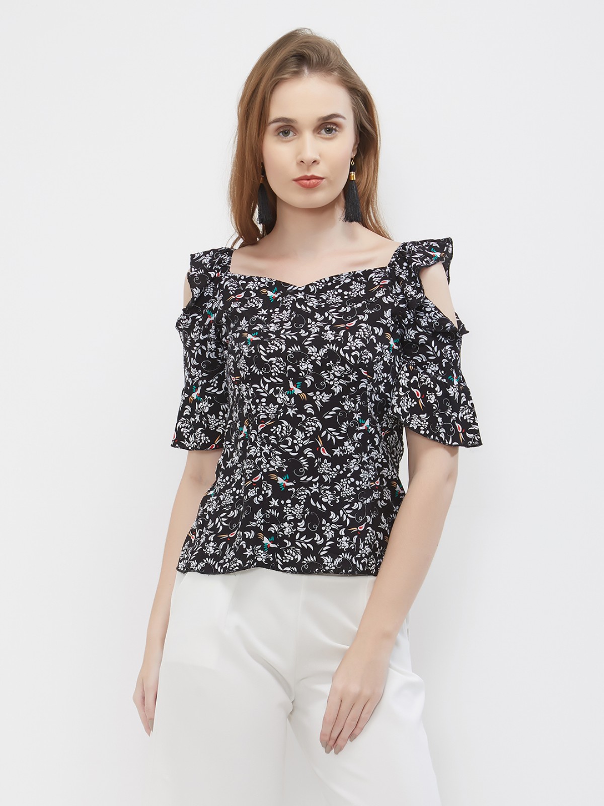 Black Floral Printed Cold Shoulder Half Bell Sleeve Top