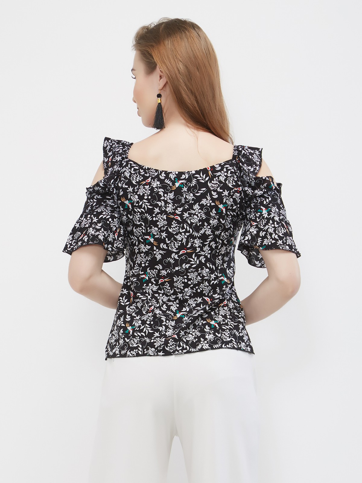 Black Floral Printed Cold Shoulder Half Bell Sleeve Top