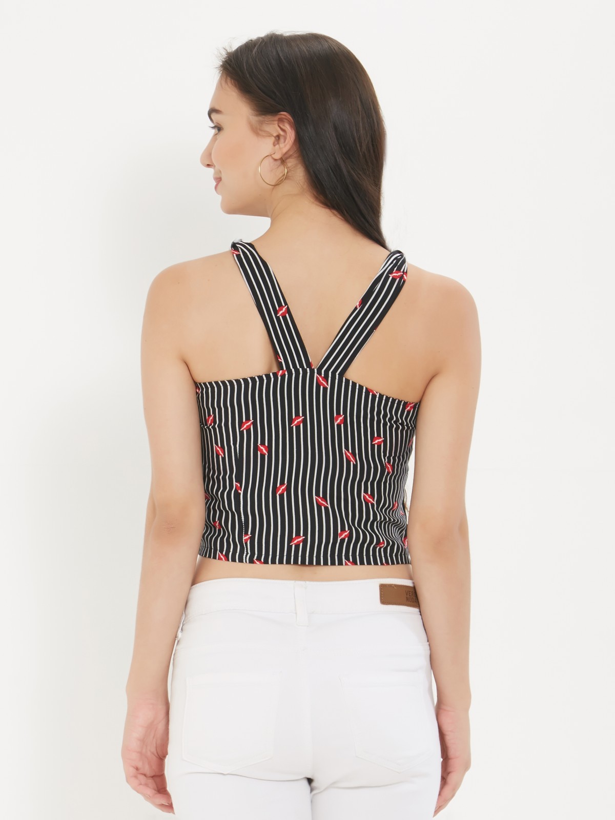 Strappy Striped Black And Red Kiss Printed Top