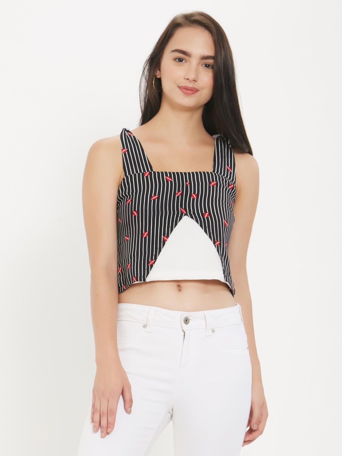 Strappy Striped Black And Red Kiss Printed Top