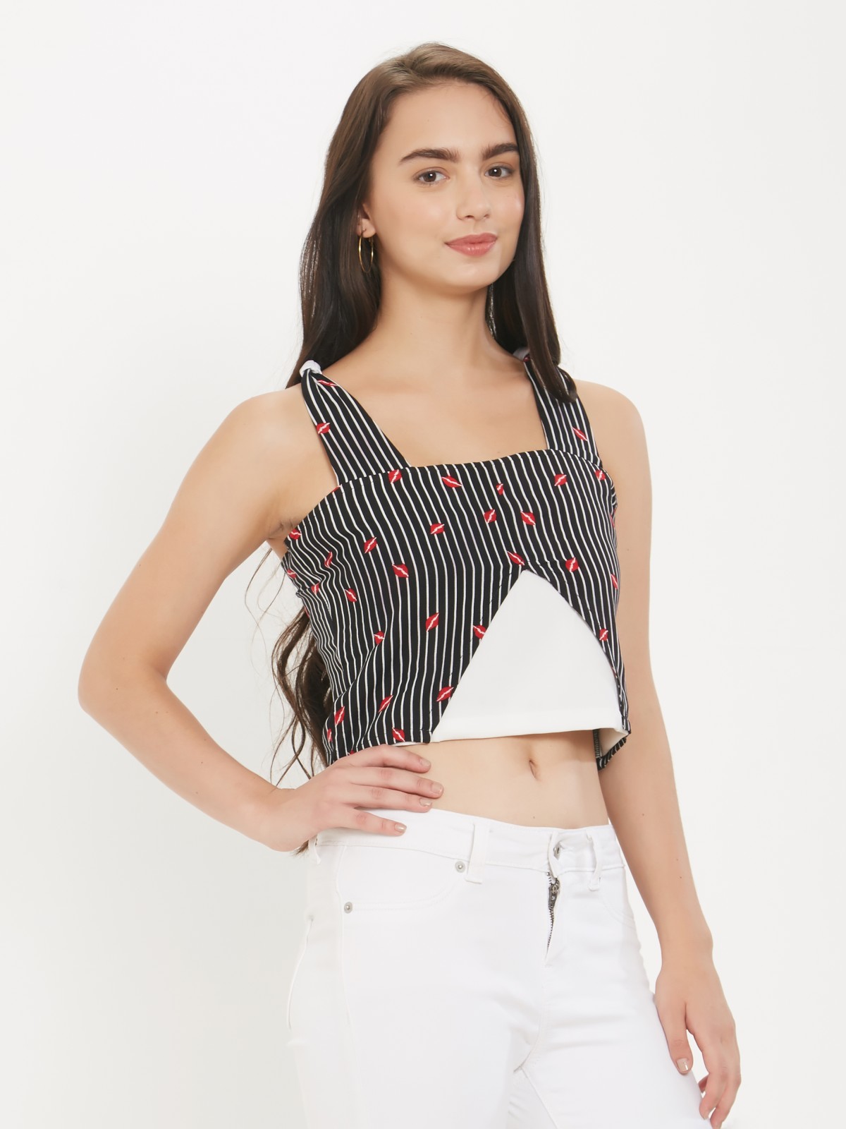 Strappy Striped Black And Red Kiss Printed Top