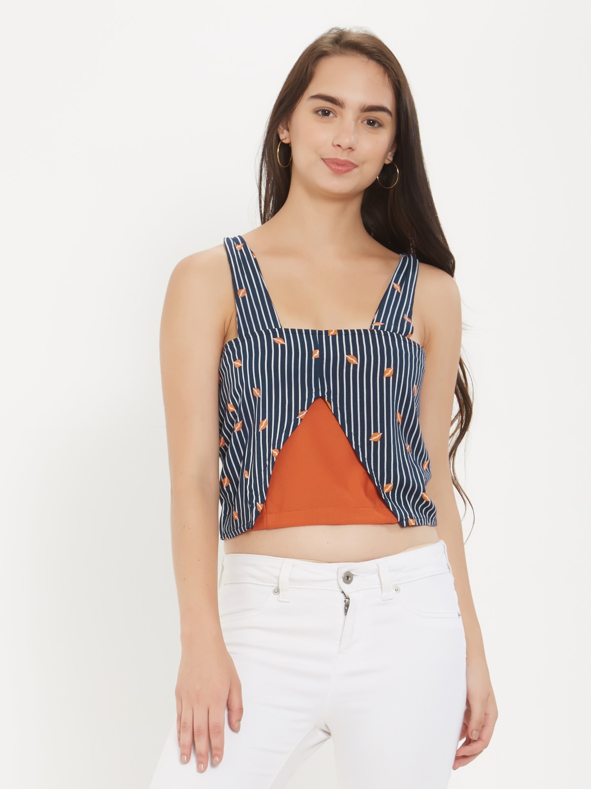 Strappy Striped Orange Blue Kiss Printed Top