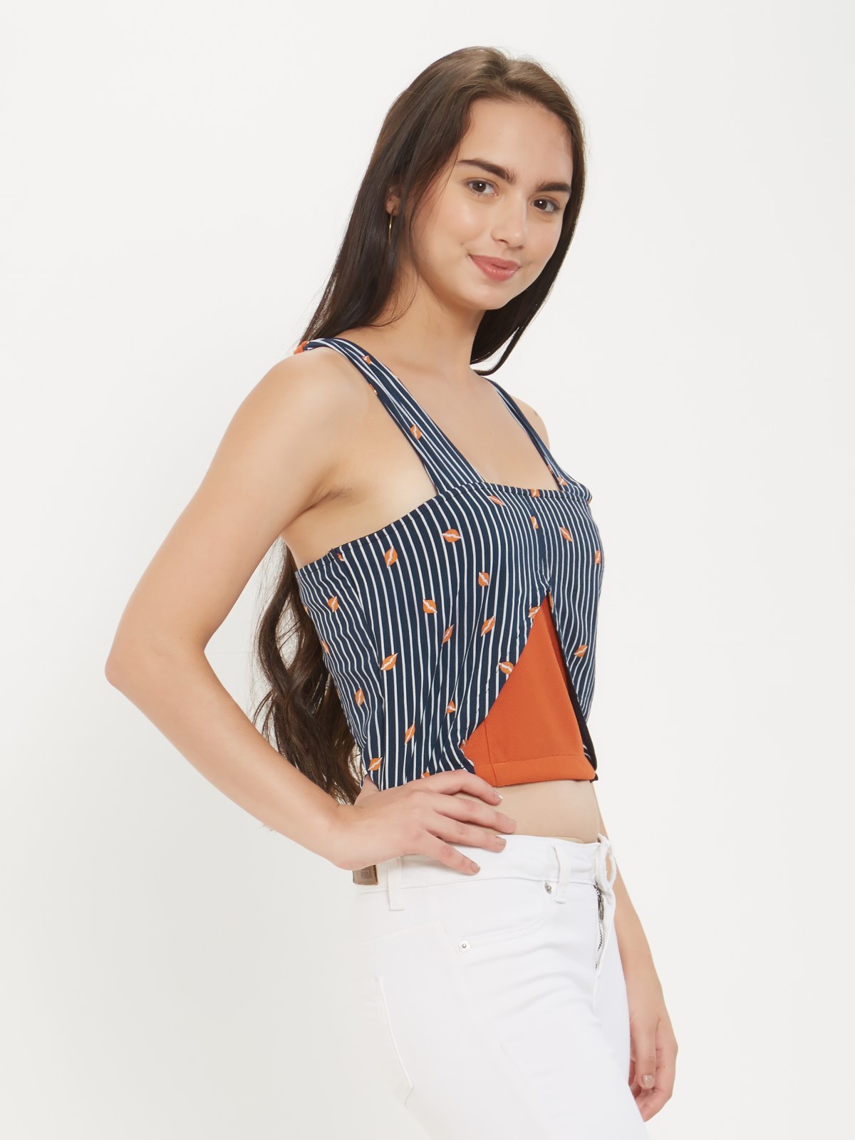 Strappy Striped Orange Blue Kiss Printed Top