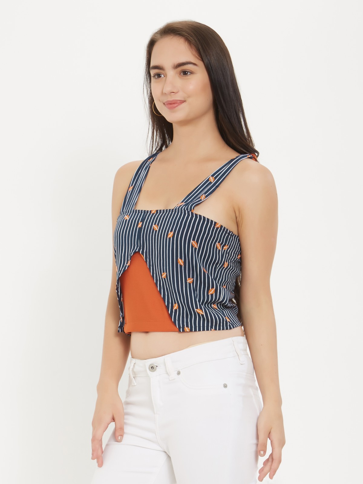 Strappy Striped Orange Blue Kiss Printed Top