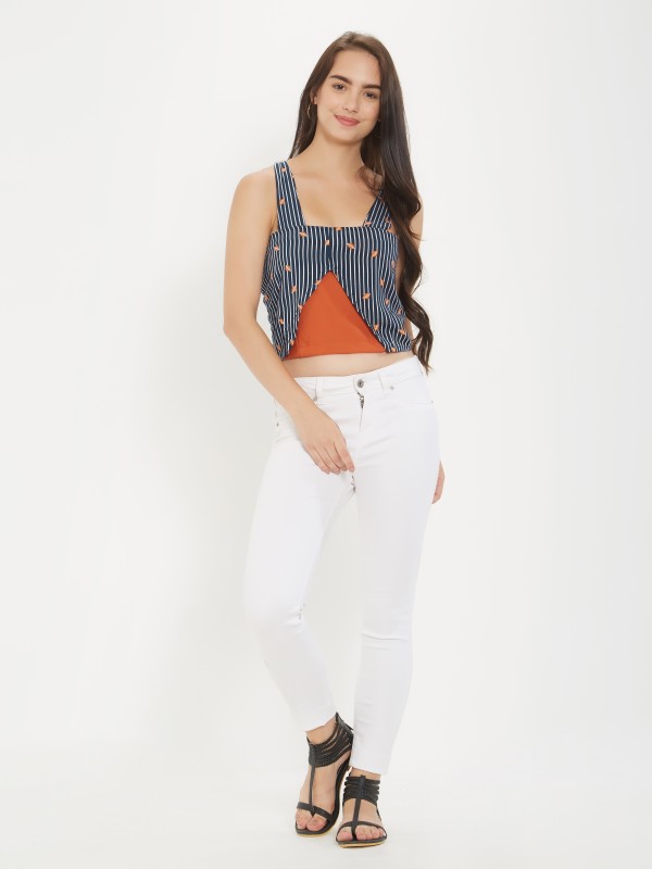 Strappy Striped Orange Blue Kiss Printed Top