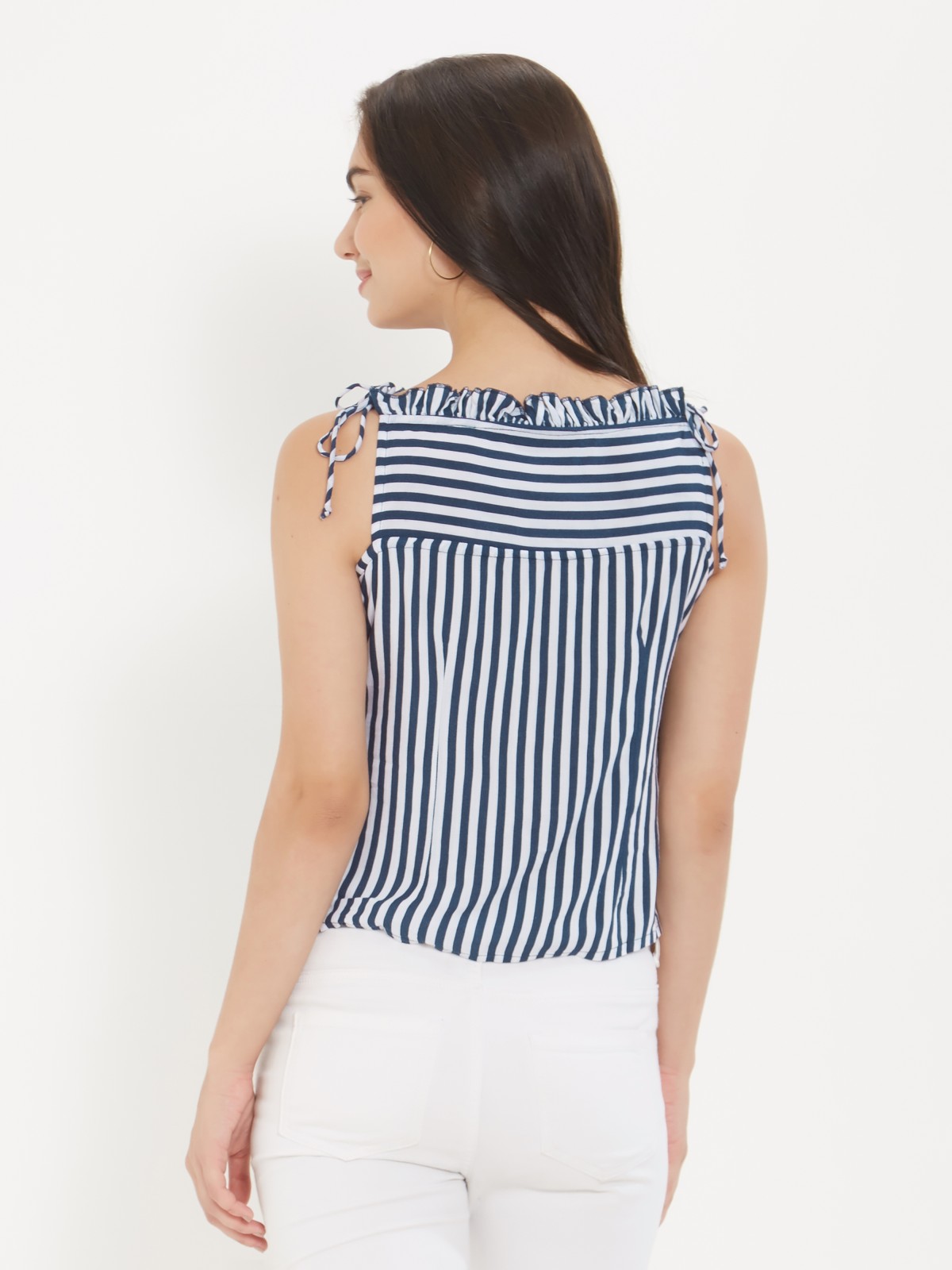 Blue Spaghetti Stripped  Square Neck Crop Top