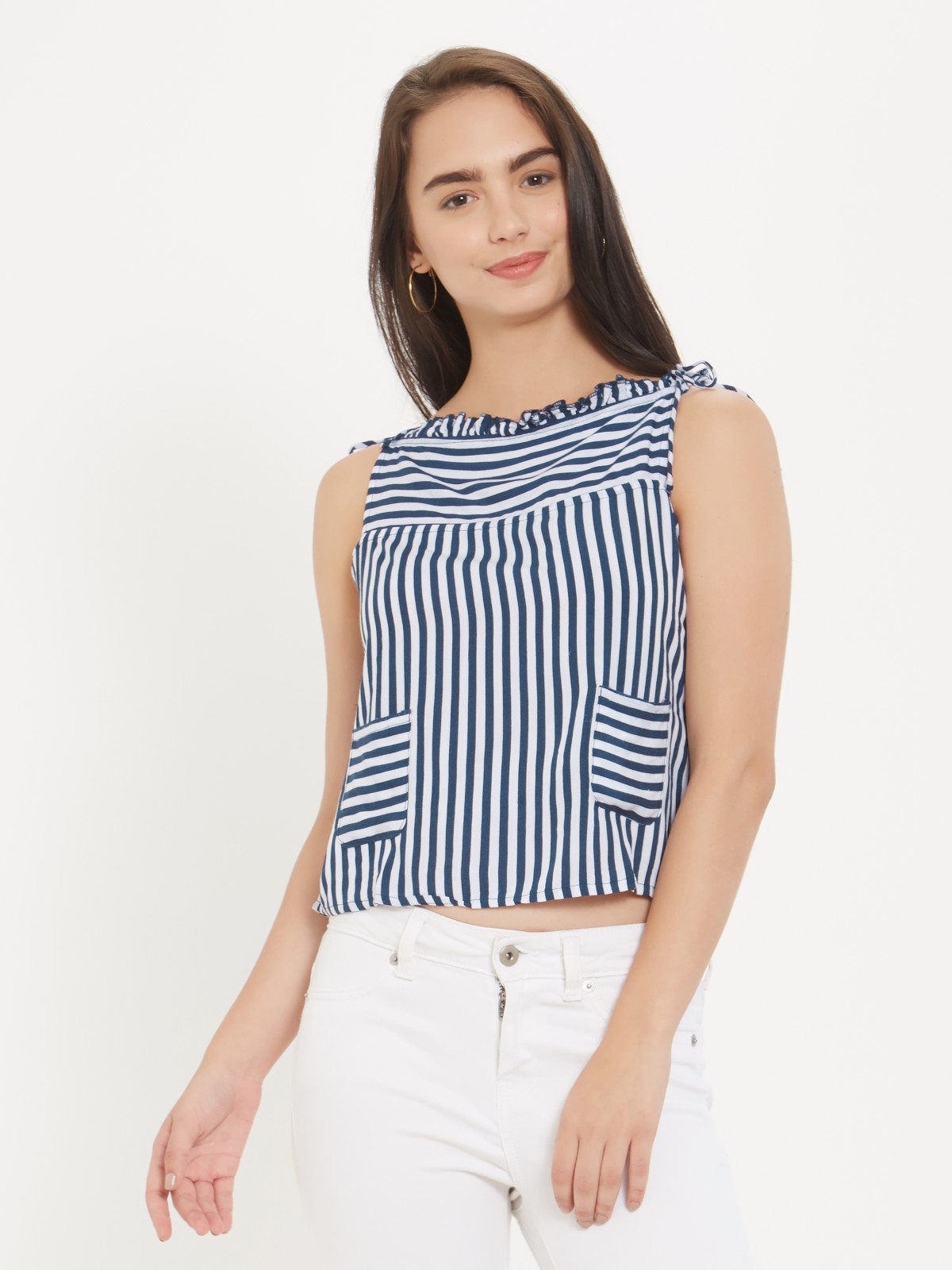 Blue Spaghetti Stripped  Square Neck Crop Top