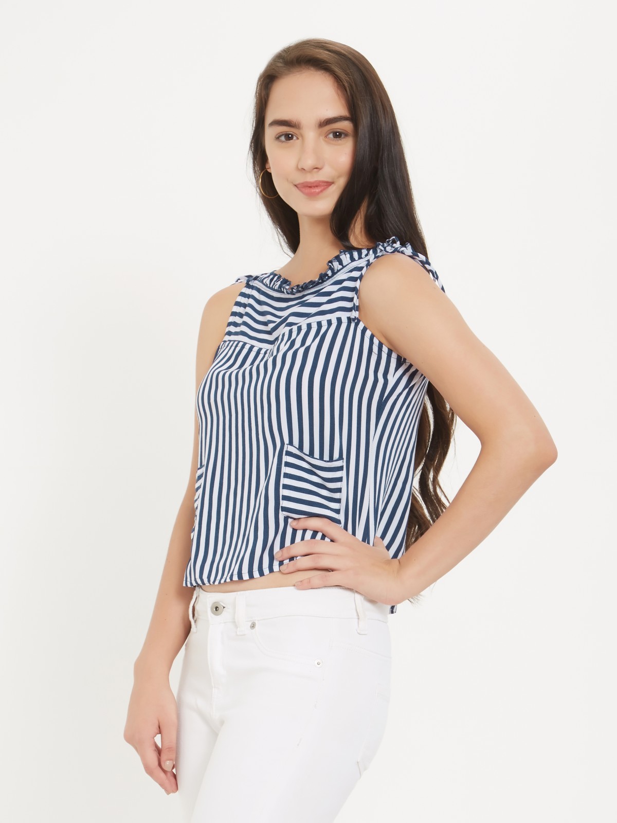 Blue Spaghetti Stripped  Square Neck Crop Top