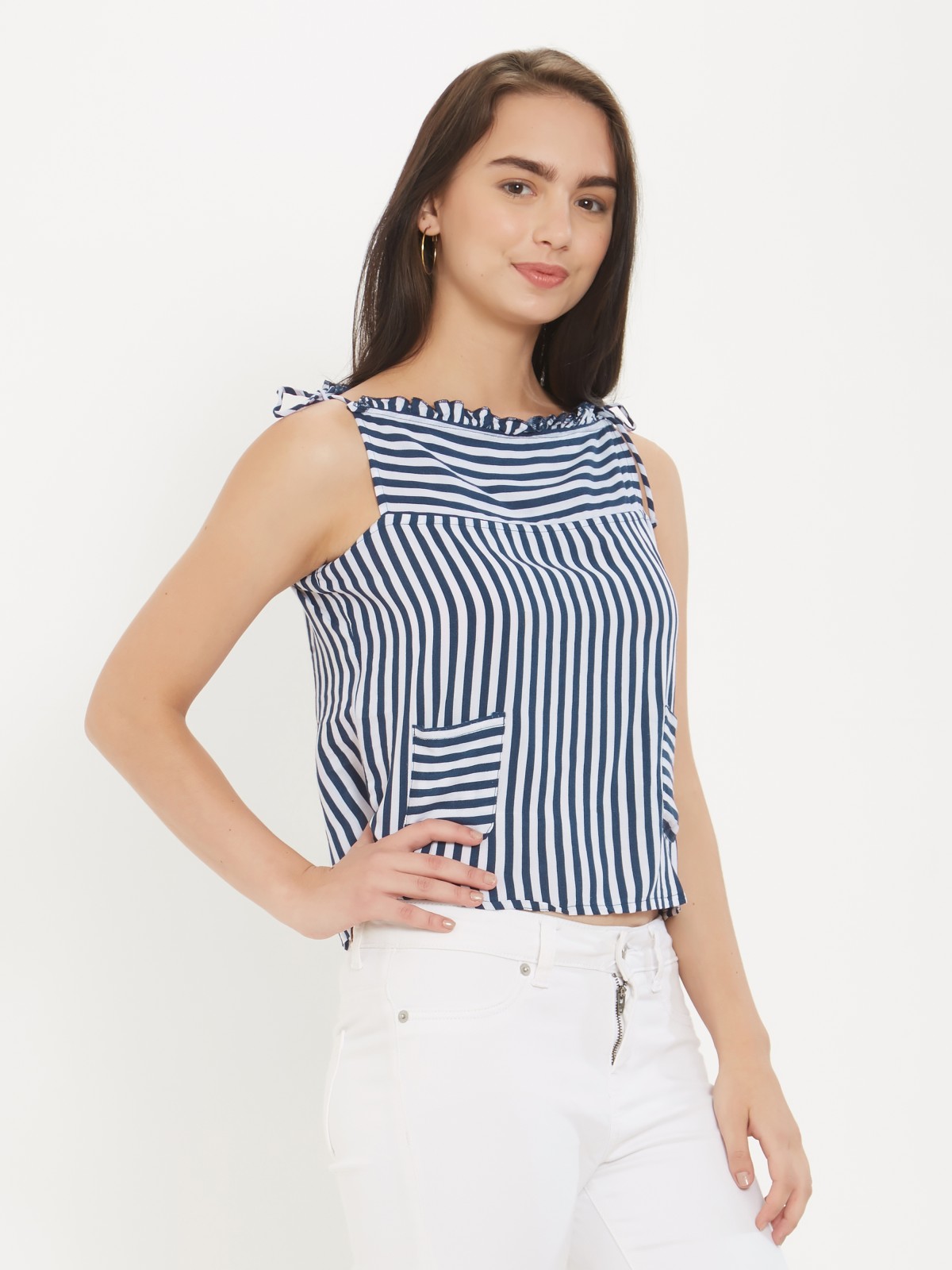 Blue Spaghetti Stripped  Square Neck Crop Top