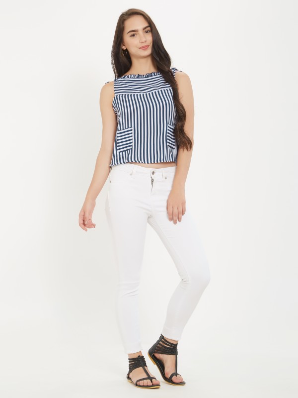 Blue Spaghetti Stripped  Square Neck Crop Top